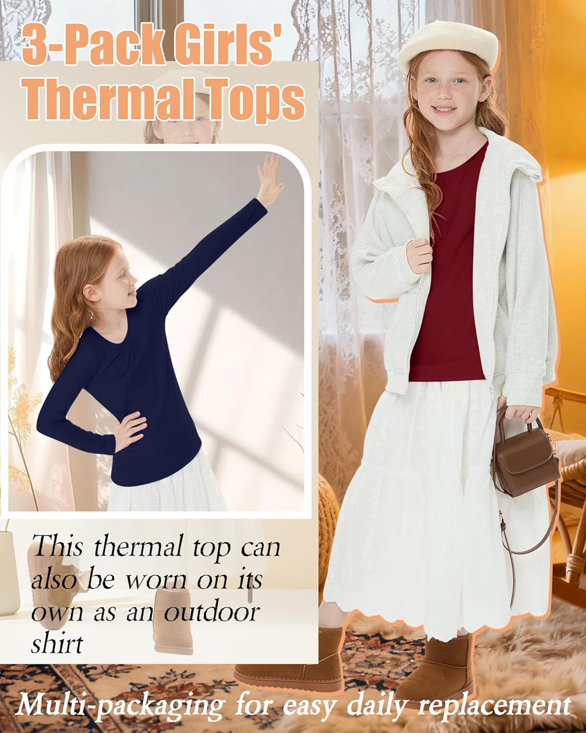 3 Packs Girls Long Sleeve Thermal Shirts Round Neck Fleece Lined Tops Base Layer Soft Basic Tees Warm Plain Clothes - Image 6