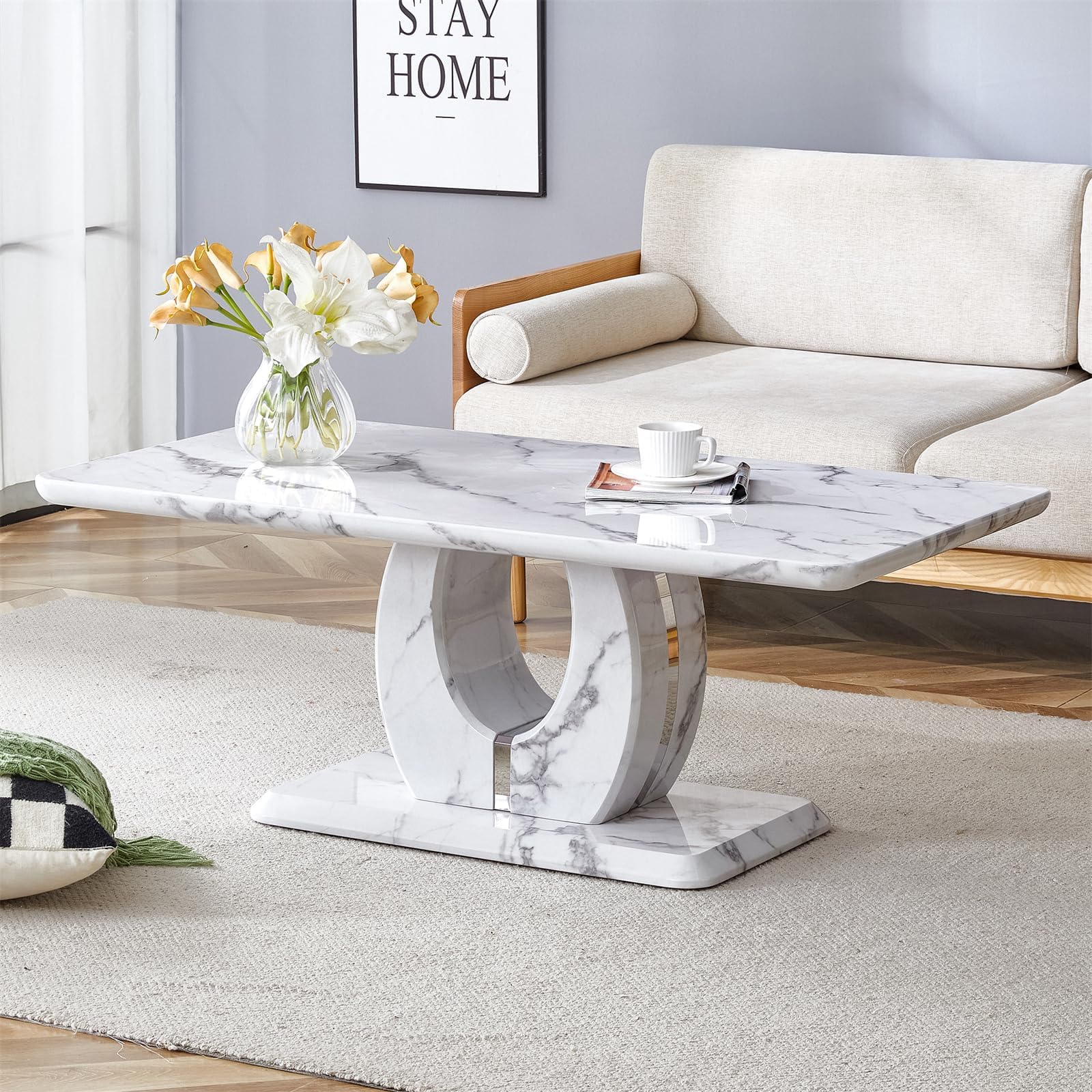 LKTART Rectangle Coffee Table for Living Room Imitation Marble Coffee Tables with Storage Modern Stable Base Center Tea