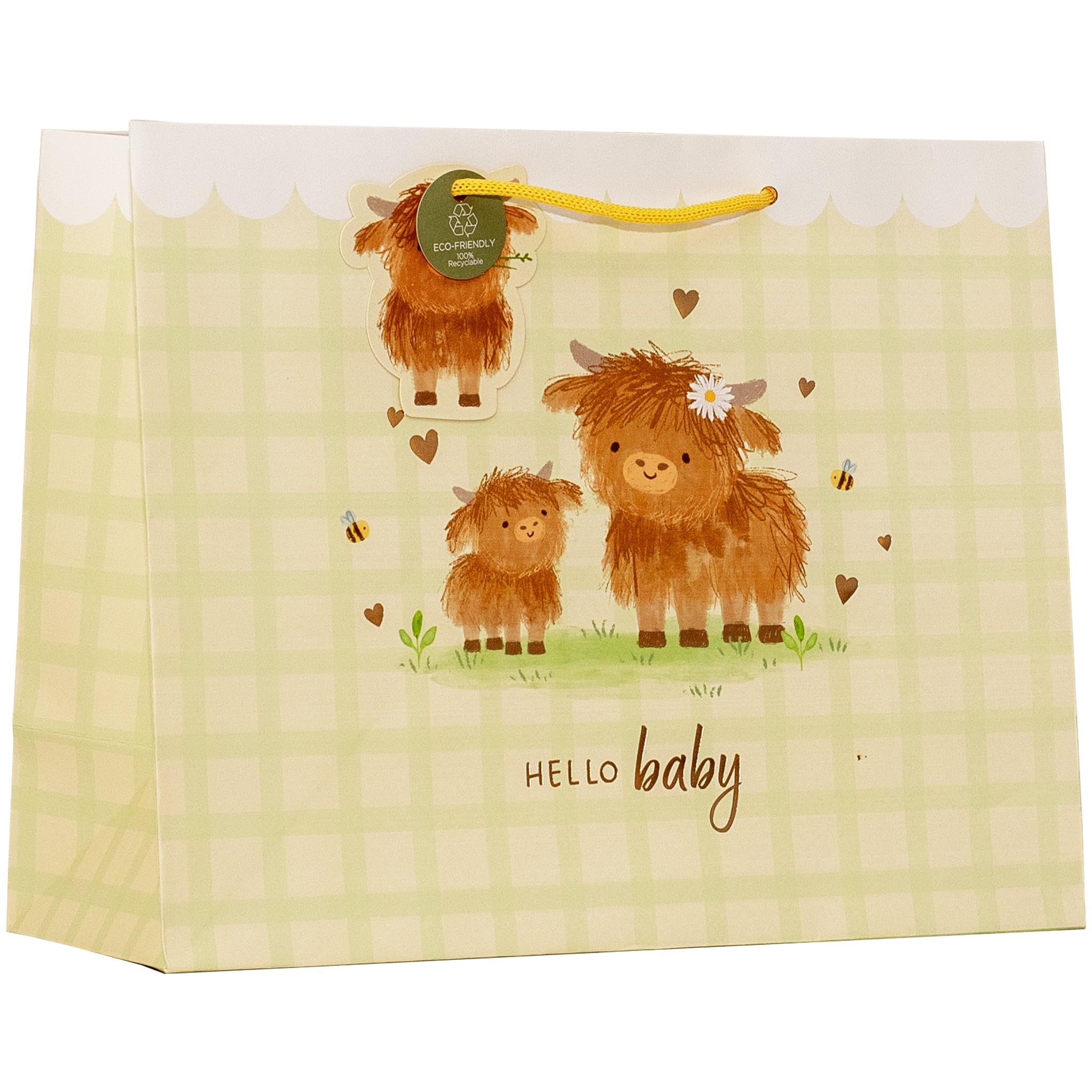 Design By Violet Hello Baby Highland Cow Large Shopper Gift Bag – Decorative Paper Gift Bag for Baby Shower, New Baby, Christening and Newborn Gifts