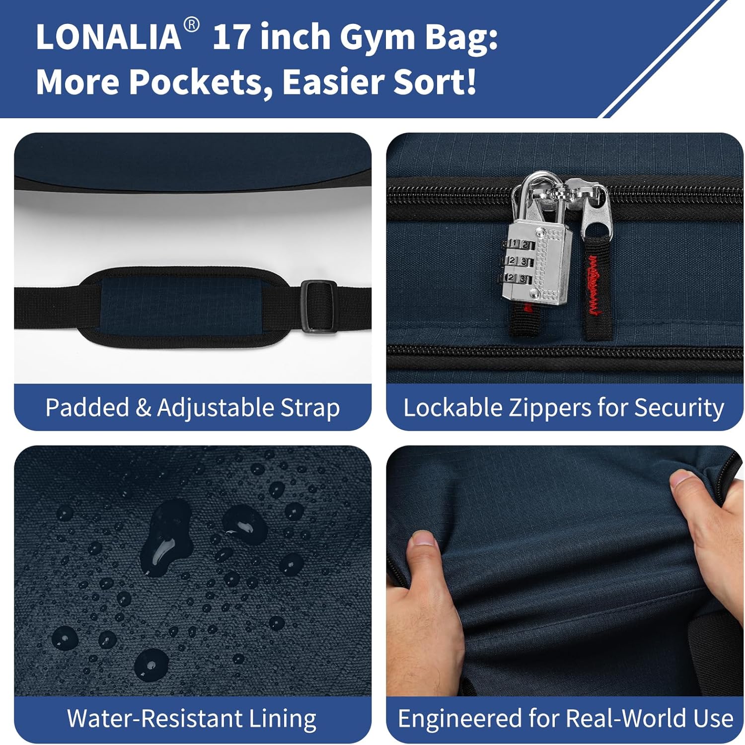 30L Gym Sport Duffle Bag - 17 inch Carry on Weekender Overnight Bag for Travel, Workout, Fitness (Navy Blue-30L)