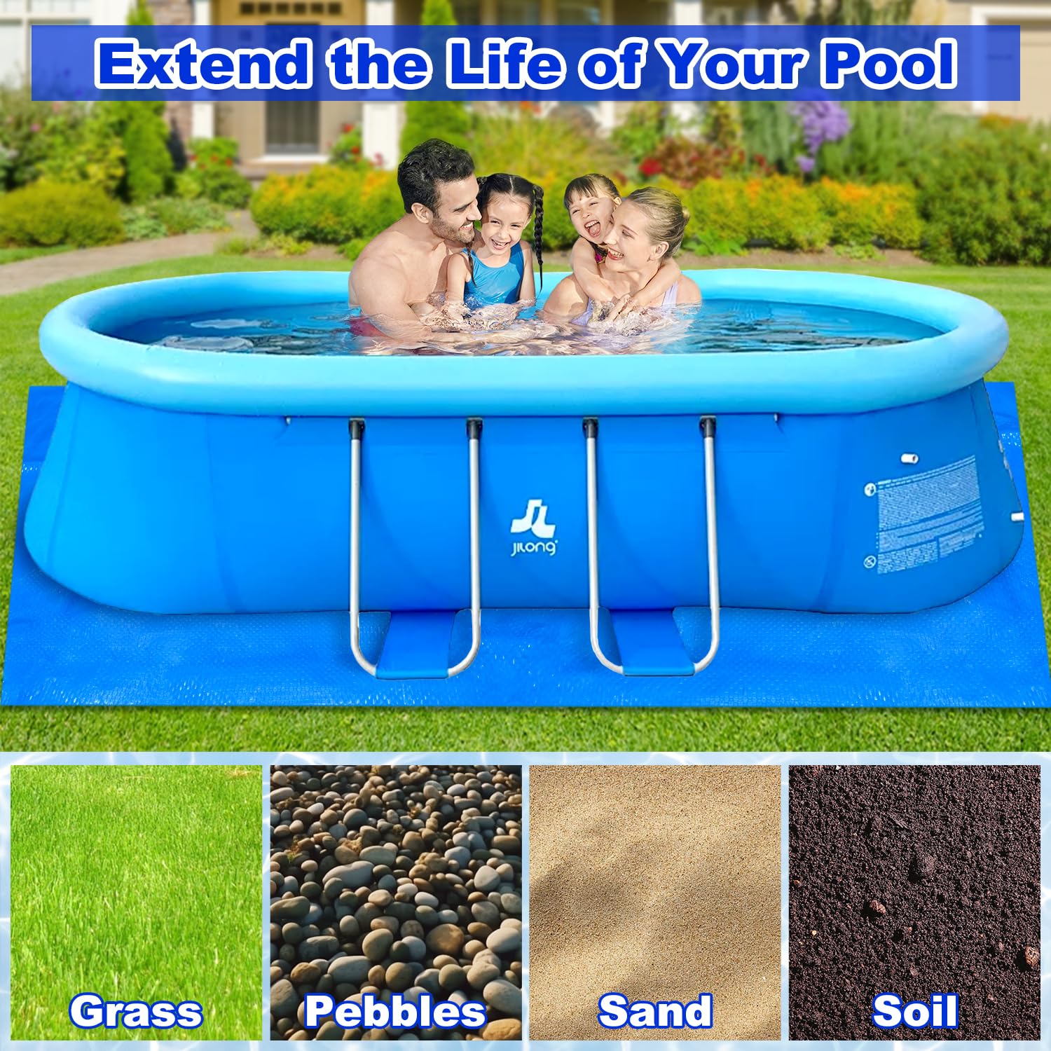 2.4m x 3.4m Retangular Pool Ground Cloth, Foldable Swimming pool ground Mat Sheet Waterproof Outdoor Floor Protector for Above Ground Pools Hot Tub Spa — view 4