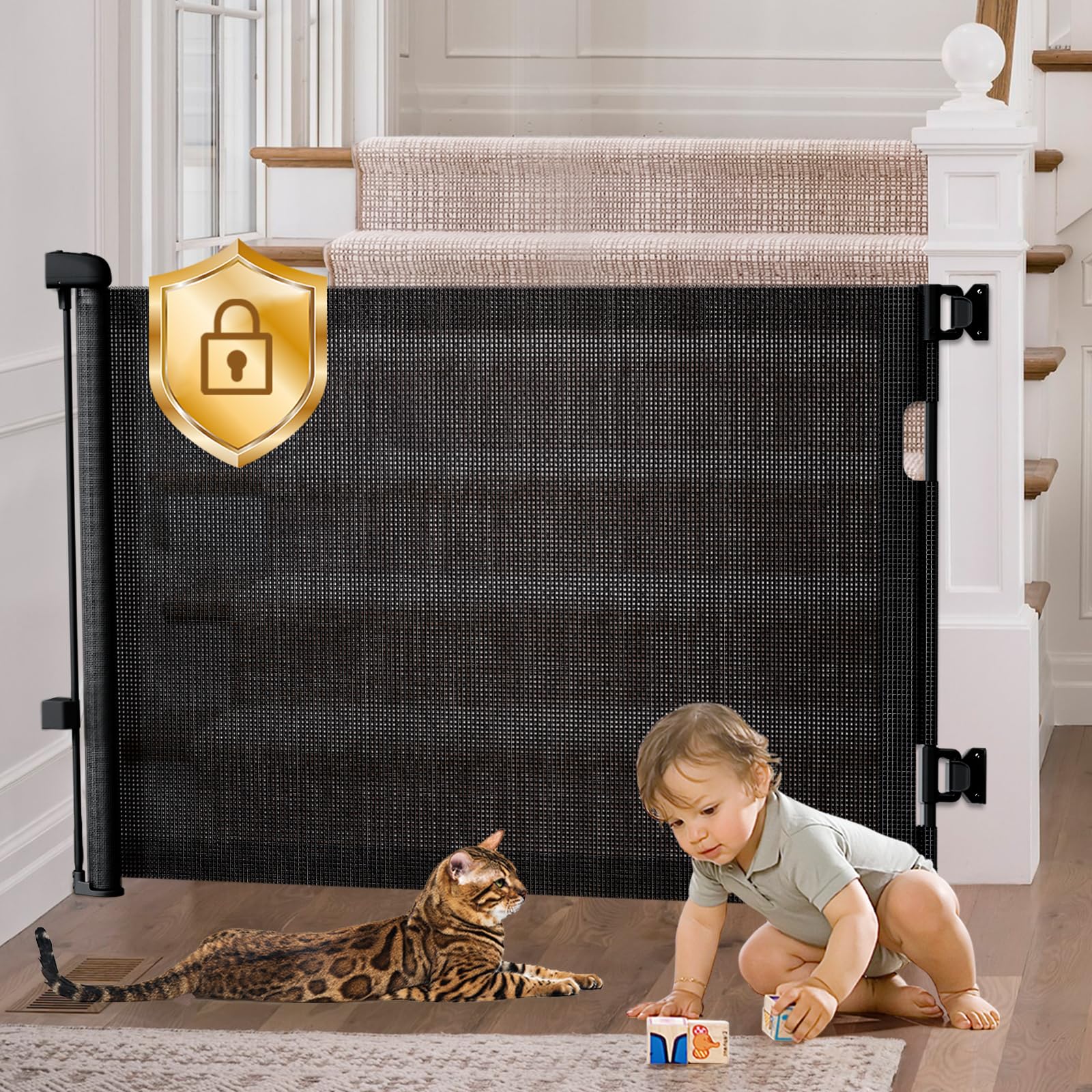 Retractable Baby Gates Hardware Mount for Stairs with Auto-Lock, 33" x 55" Mesh Double Locking Safety Baby Dog Pet Cat Gate for Doorways, Durable Child Gate for Hallways Kitchen Indoor Outdoor Black