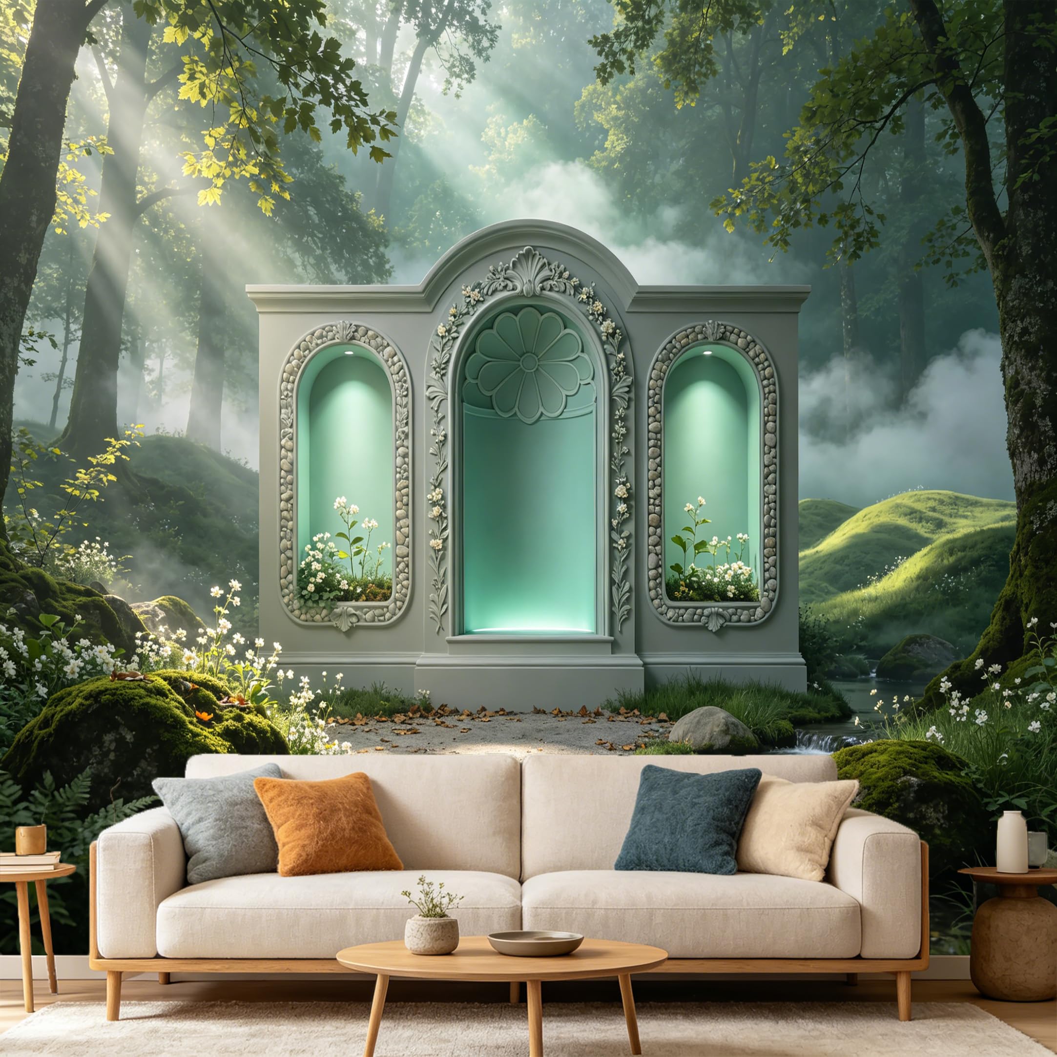 Custom Size Wall Mural， 3D Neoclassical Archway Forest Landscape， SelfAdhesive Art Prints wall Fabric Removable Large Wallpaper Home Living Room Decor， Nature Scenery Mural
