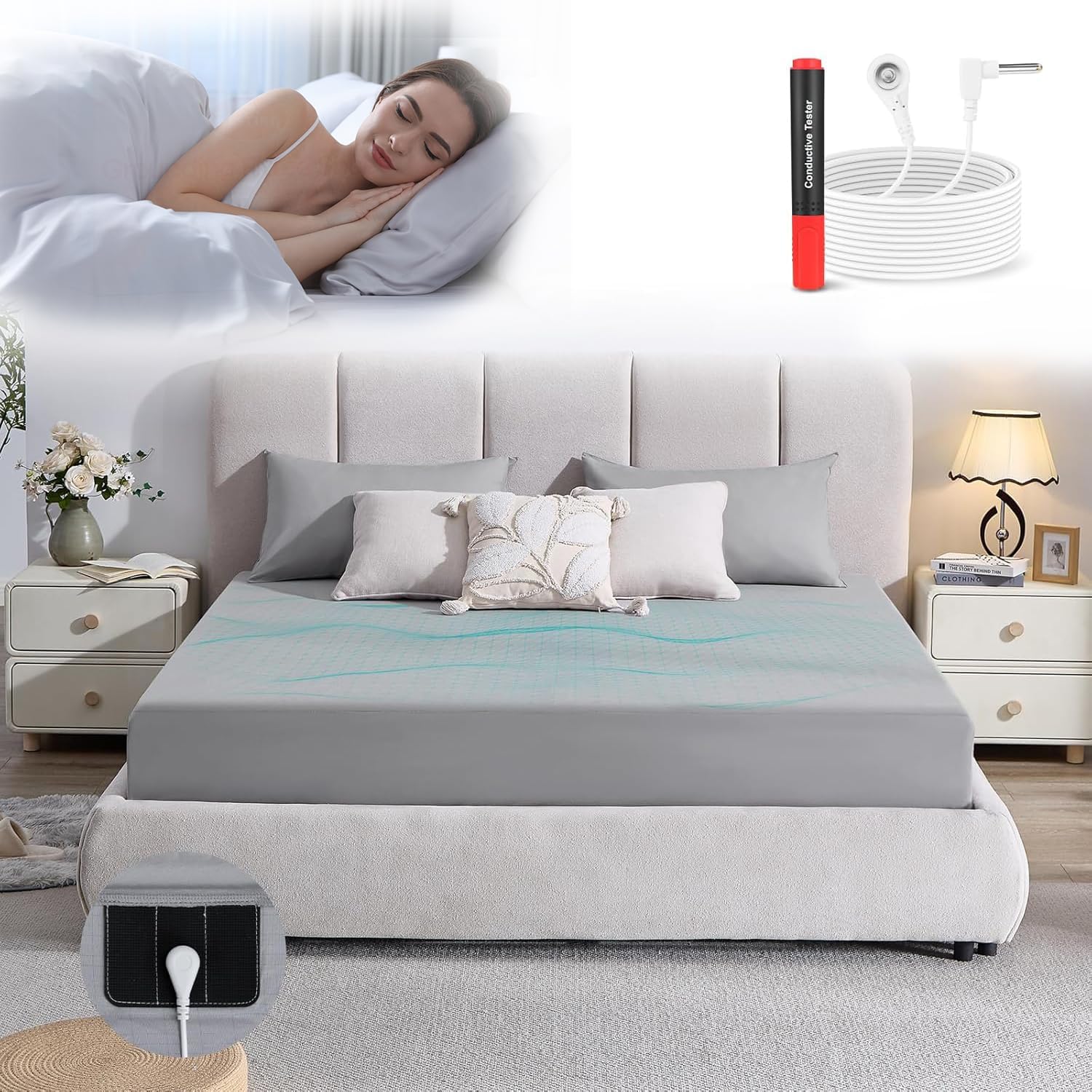 Grounding Sheets 12% Pure Silver Fiber 88% Organic Cotton Superior Earthing Fitted Sheet 400 Threads Earth Connected Bed Sheet with Grounding Cord and Test Pen (King 75 * 80 * 15inch Gray)