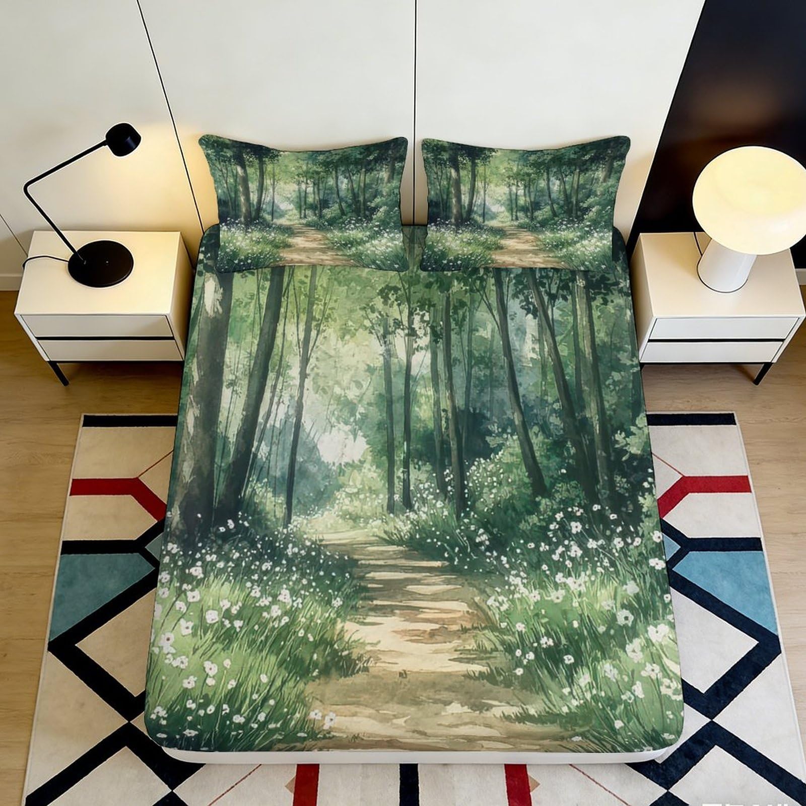 3D Printed Forest Path Fitted Sheet Microfiber Scenic Woodland Mattress Cover for Bedroom Guest Room Decor 90x200x25cm