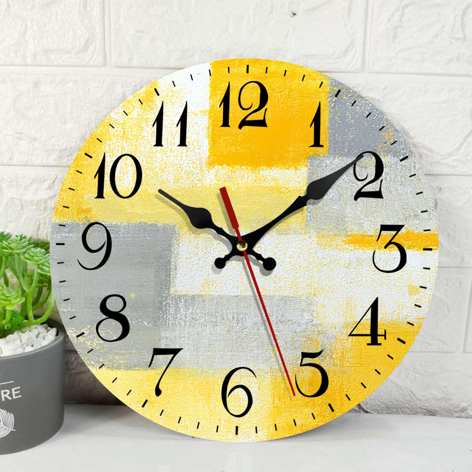 ArtSocket Wooden Wall Clock Silent Non-Ticking, Yellow Grey Abstract Painting Gray Contemporary Art Vintage Round Wall Clocks Decor for Home Kitchen Living Room Office, Battery Operated(12 Inch)
