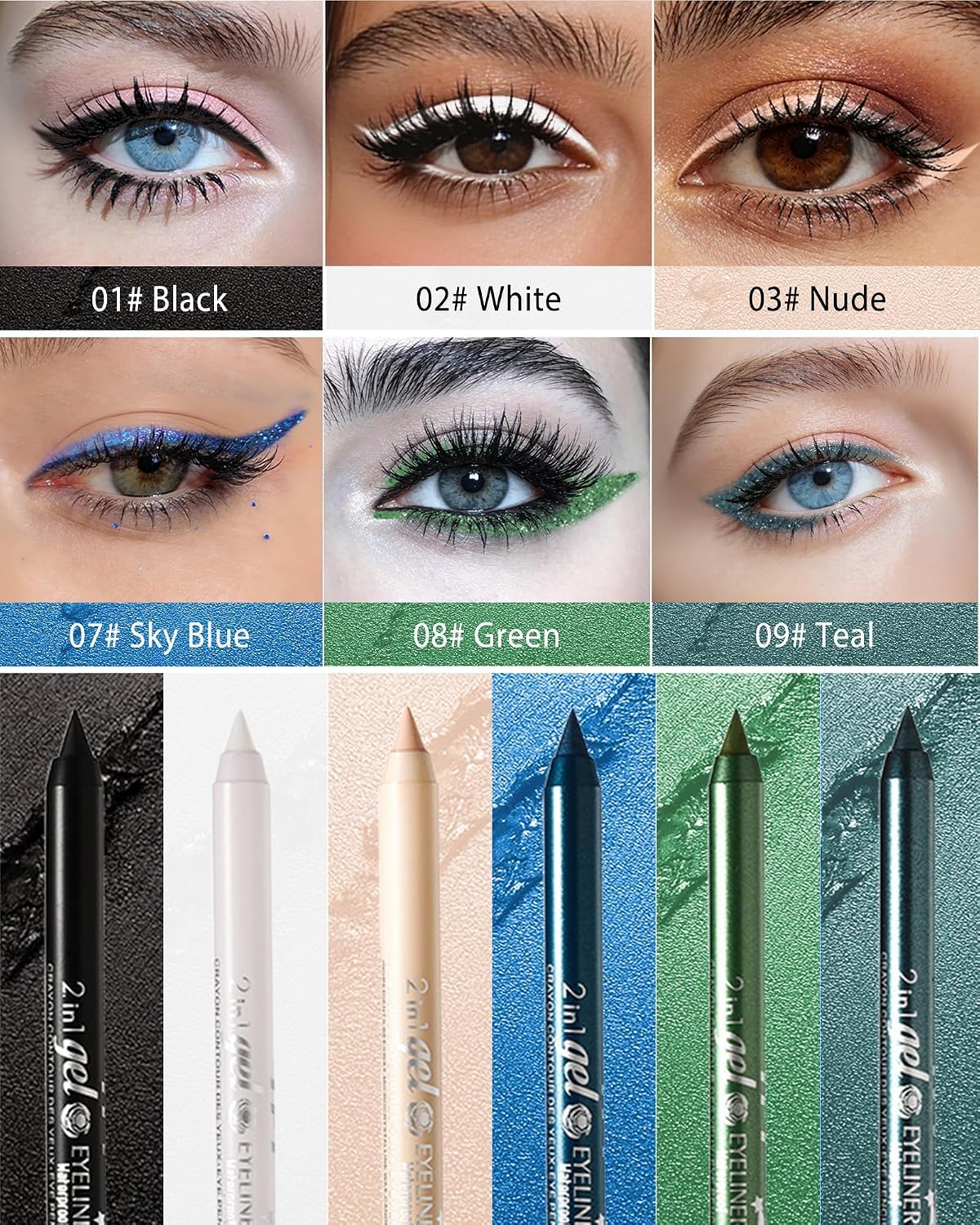 Colorato Gel eyeliner matite penna set, 6 pezzi Eyeliner impermeabile Labbra Liner Ombra d'occhio Matite sopracciglia Pen Eye Makeup ﻿ (01#+02#+03#+05#+06#+07#)