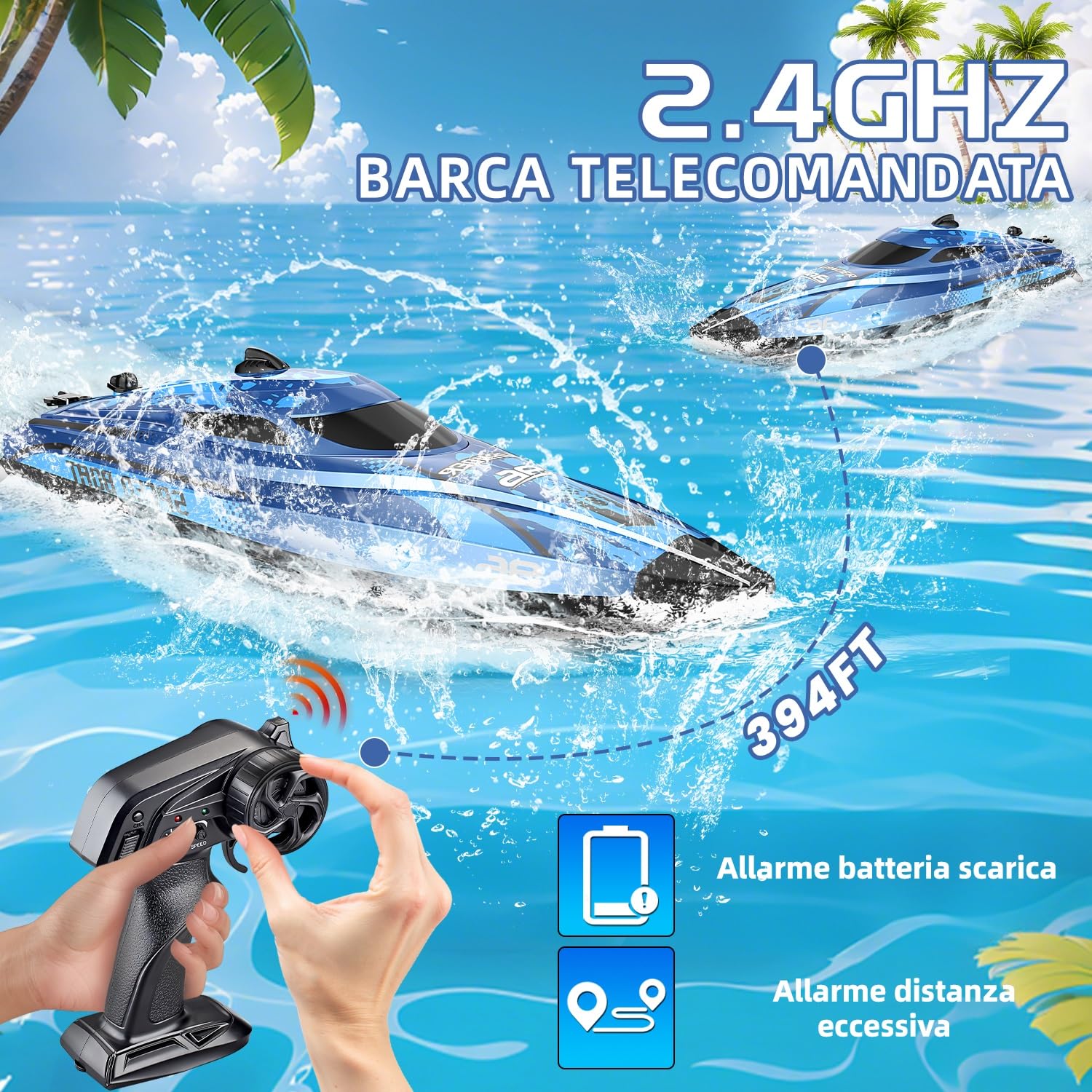 Barca Telecomandata 25KM/H con Luce LED, Motoscafo Radiocomandato 2.4GHz per Bambini, 2 Batterie per 40 Minuti di Gioco, Regalo Barca Telecomandata per Bambini da 6 a 8 Anni (Blu)