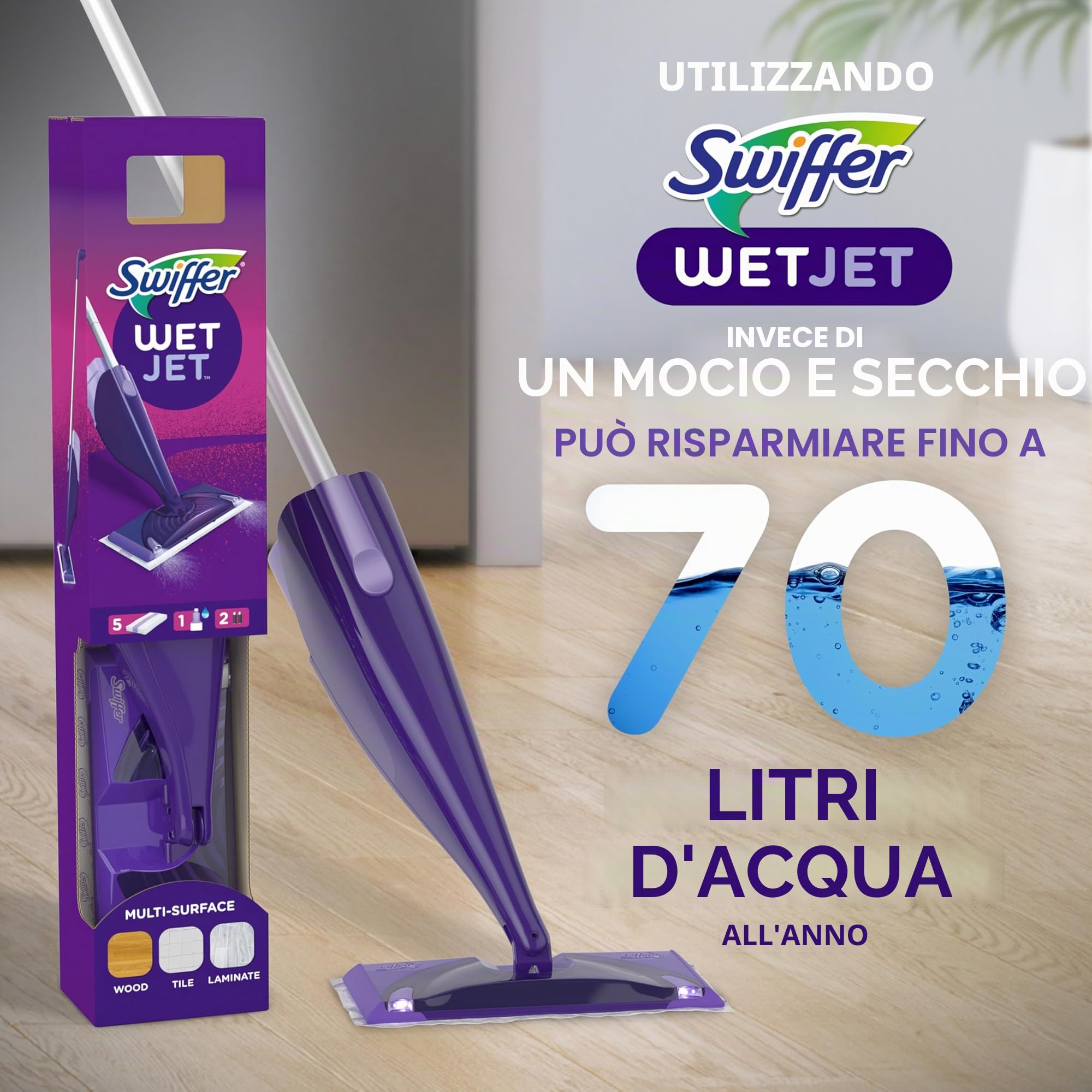 Swiffer WetJet - Kit di pulizia per pavimenti e pavimenti in legno duro, include: 1 Power Mop, 10 tamponi, soluzione di pulizia, batterie