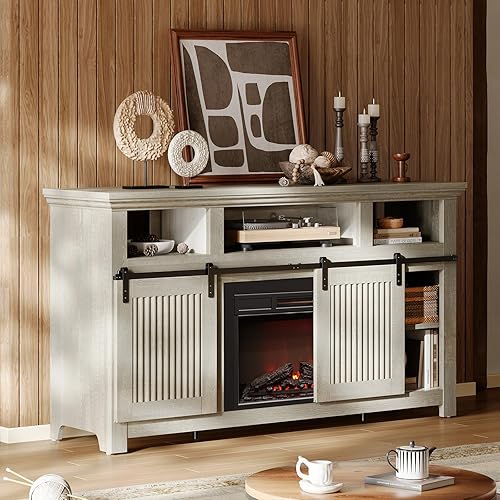 Bestier 60" Fireplace TV Stand for TVs Up to 70", Farmhouse Slinding Door Entertainment Center with Electric Fireplace, Storage Cabinets & Shelves, Retro Media Console for Living Room, White