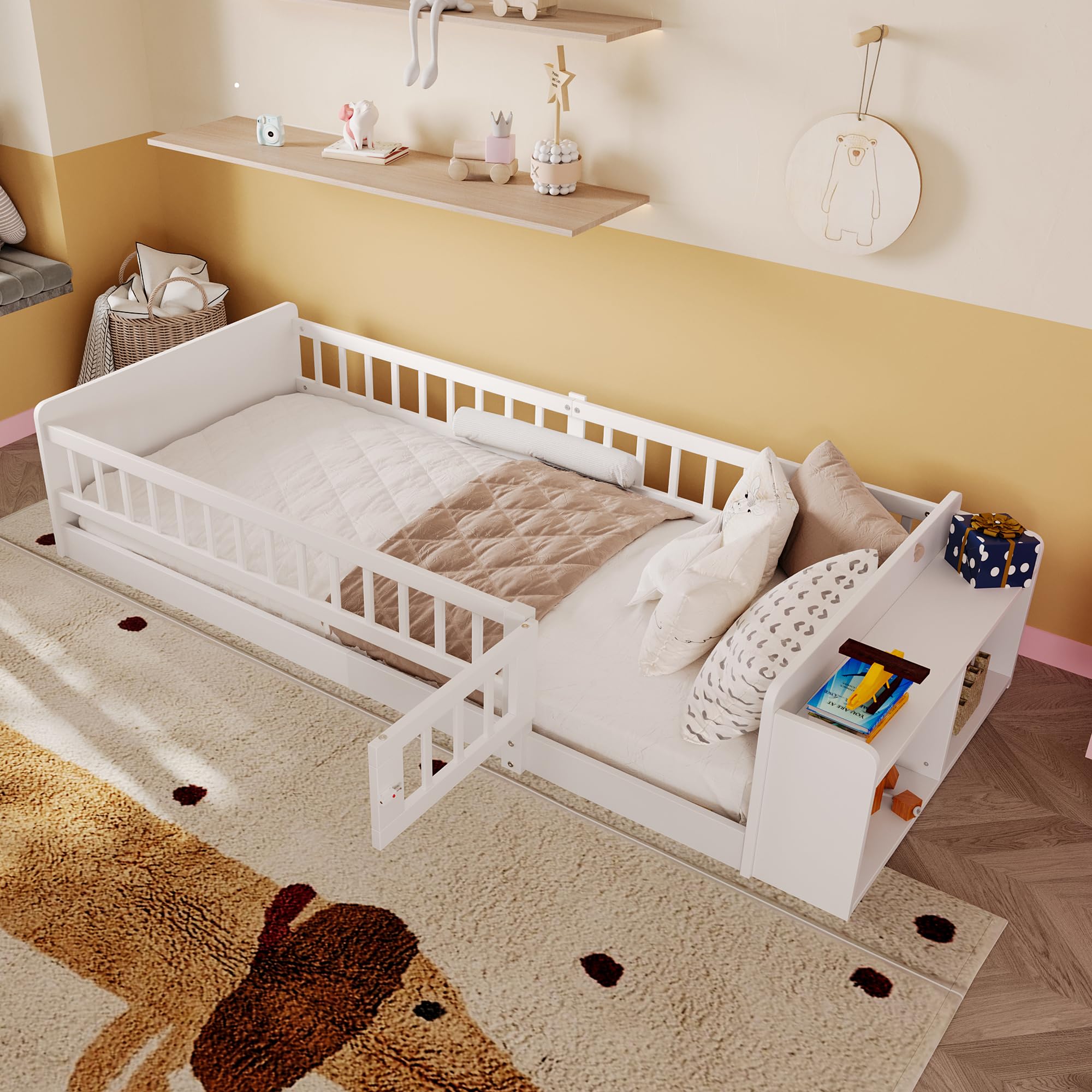 Kinderbett 90 x 200, Kinderbettgestell aus Massivholz mit Stauraum, Vollschutzgitter und Türen und Lattenrost, Holzbett mit Einlegeböden, Rausfallschutz, Kinder Bett, Hausbett, Ohne Matratze, Weiß