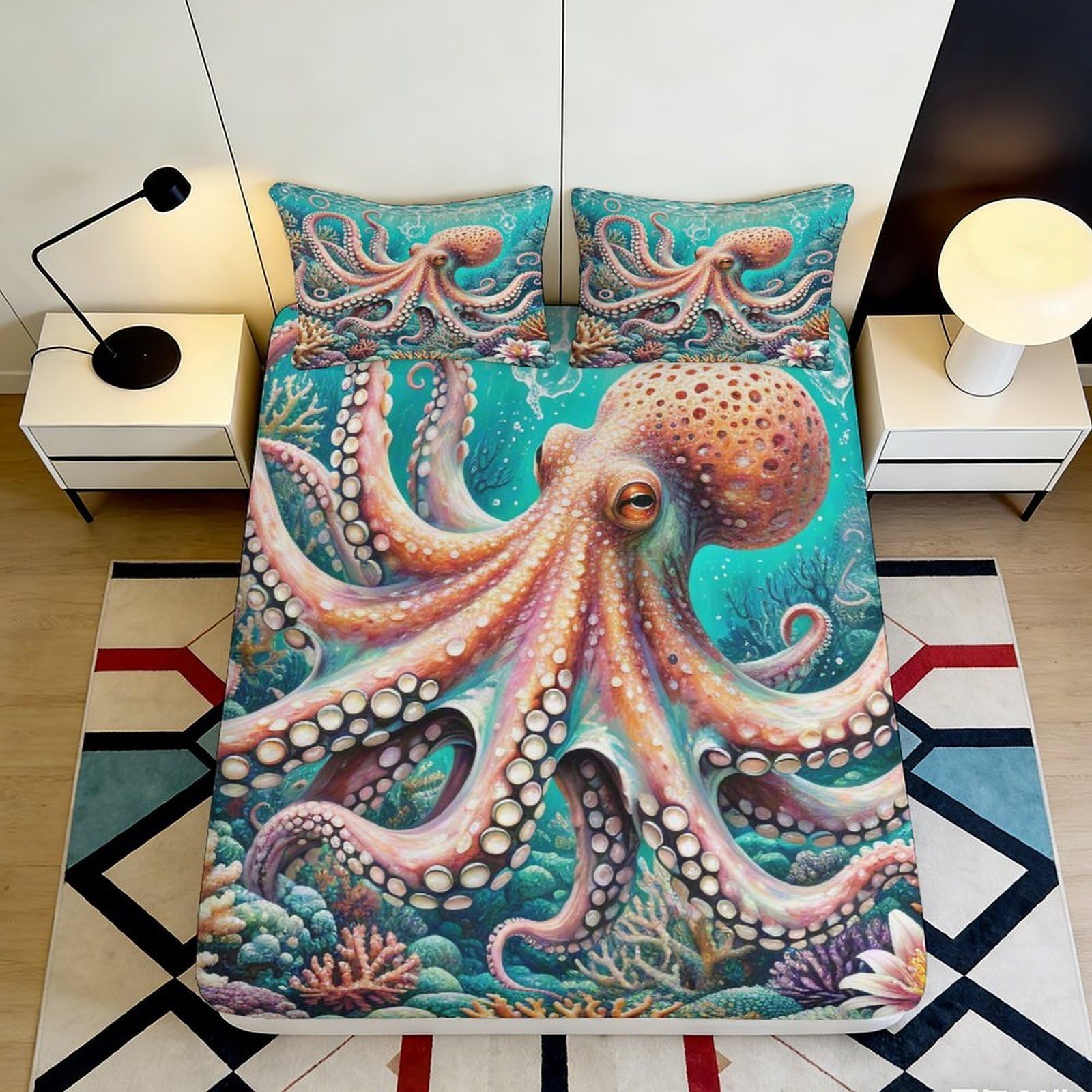 Pnayamiorkfel Style-8 3D Printed Ocean Octopus Fitted Sheet Microfiber Soft Colorful Coral Bed Cover For Bedroom Decor Mattress Protection 90X200x25cm