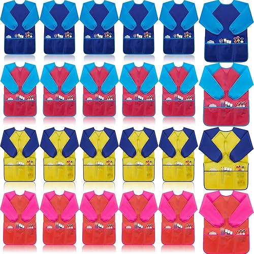 Miniatura 9 de 36 piezas de batas de arte para niños, impermeables, delantales de manga larga con 3 bolsillos para niñas y niños, suministros de pintura, edad de 2