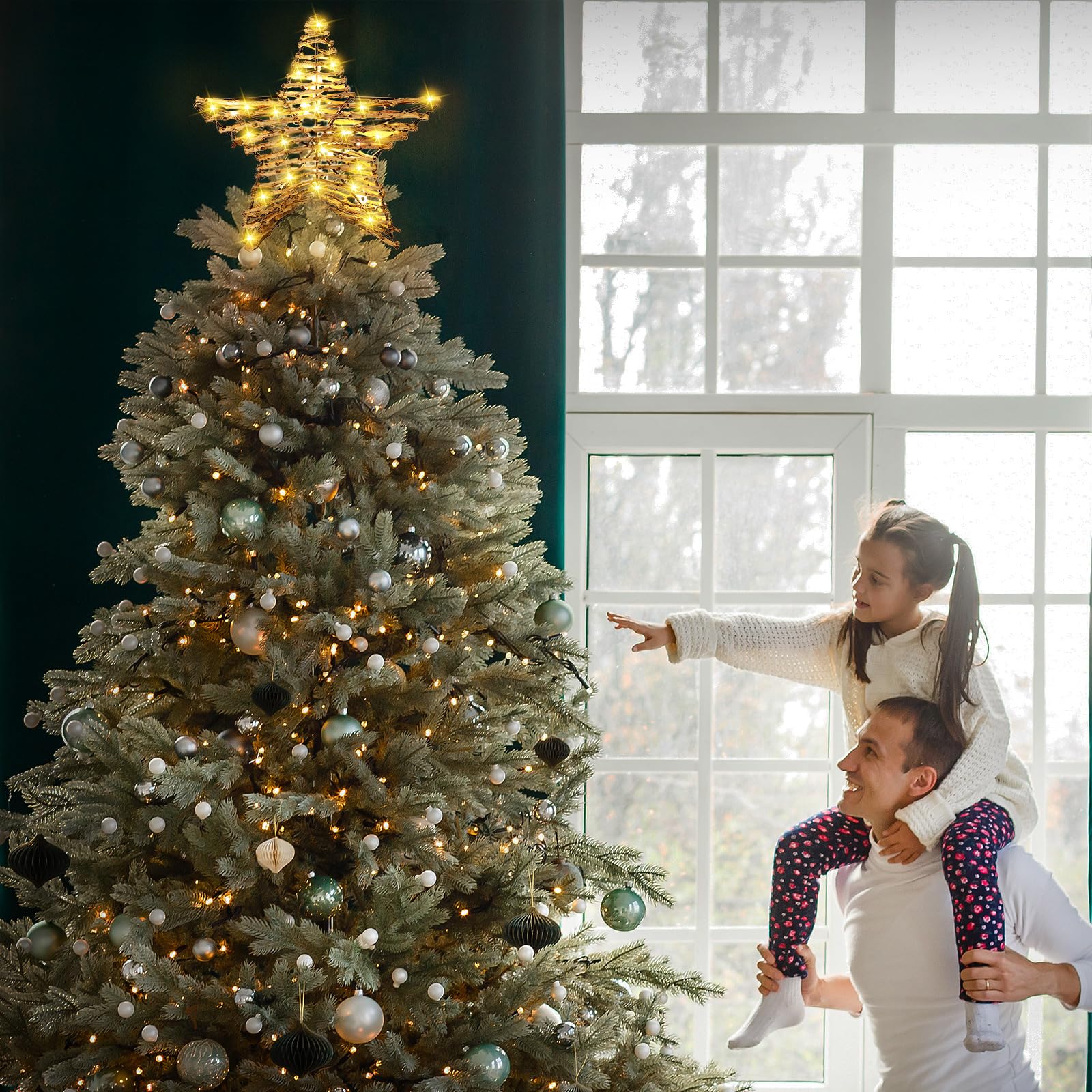 Threan Estrella de ratán de Navidad, 14 pulgadas de arpillera de ratán con luces cálidas, decoración rústica para árbol de Navidad, adorno de árbol de Navidad, fiesta en el hogar en interiores (15