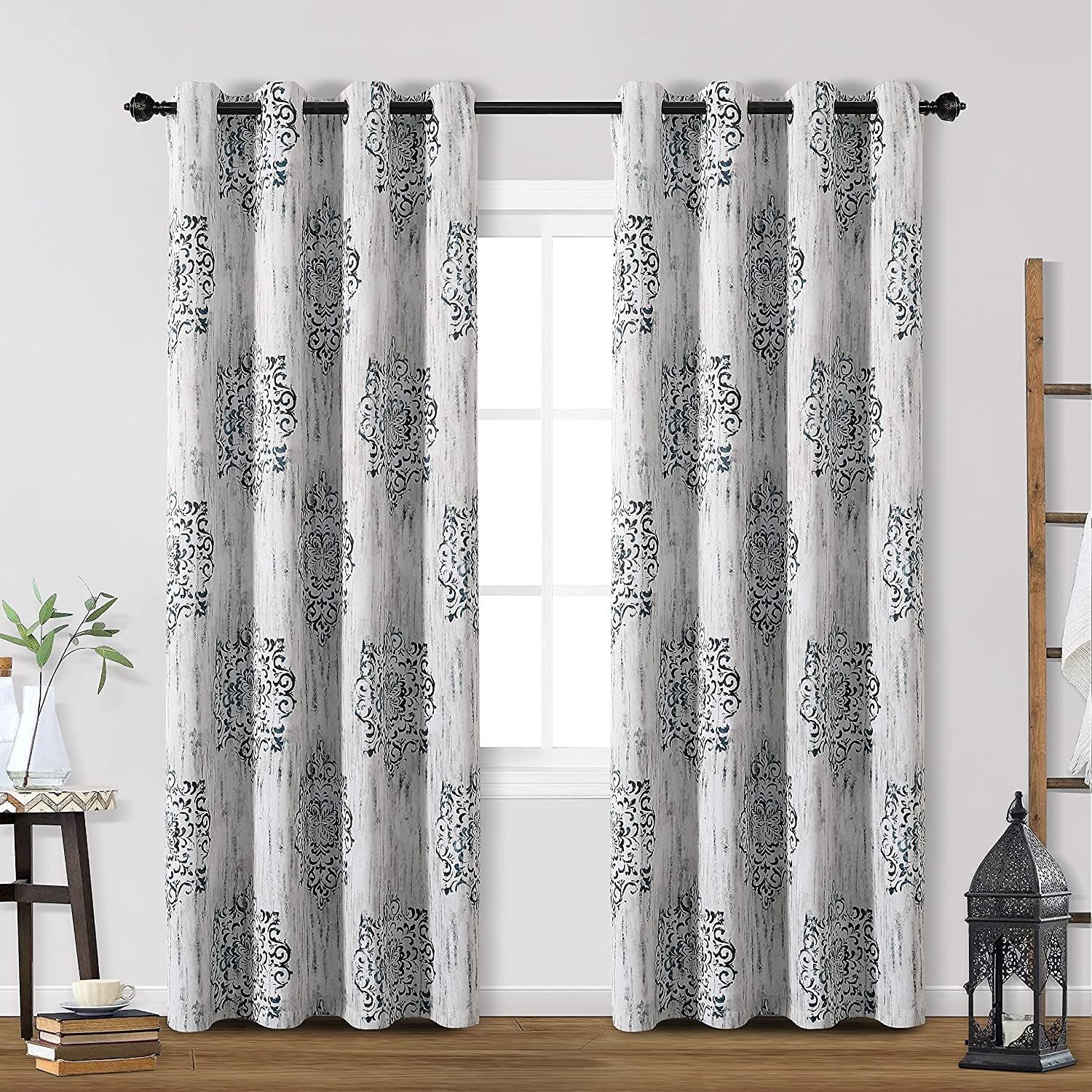 MYSKY HOME Curtains & Drapes for Living Room 84 inch Length 2 Panels Curtains Light Blocking Morrocan Damask Patterned Geometric Grommet Window Treatment for Bedroom Patio Home Decor, Blue