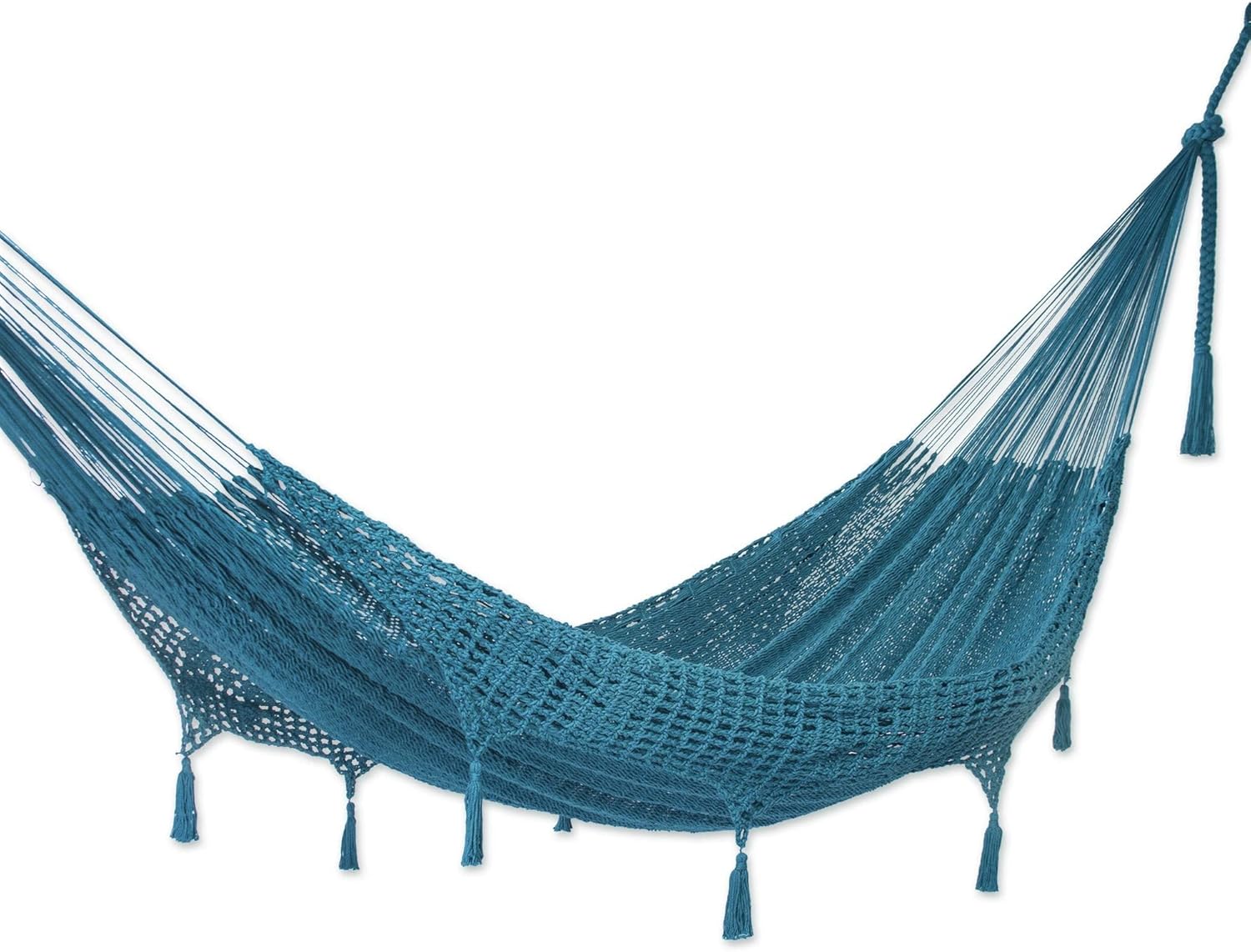 NOVICA Handmade Cotton Rope Hammock Teal Double from Mexico Solid Maya 'Veranda in Teal'Double