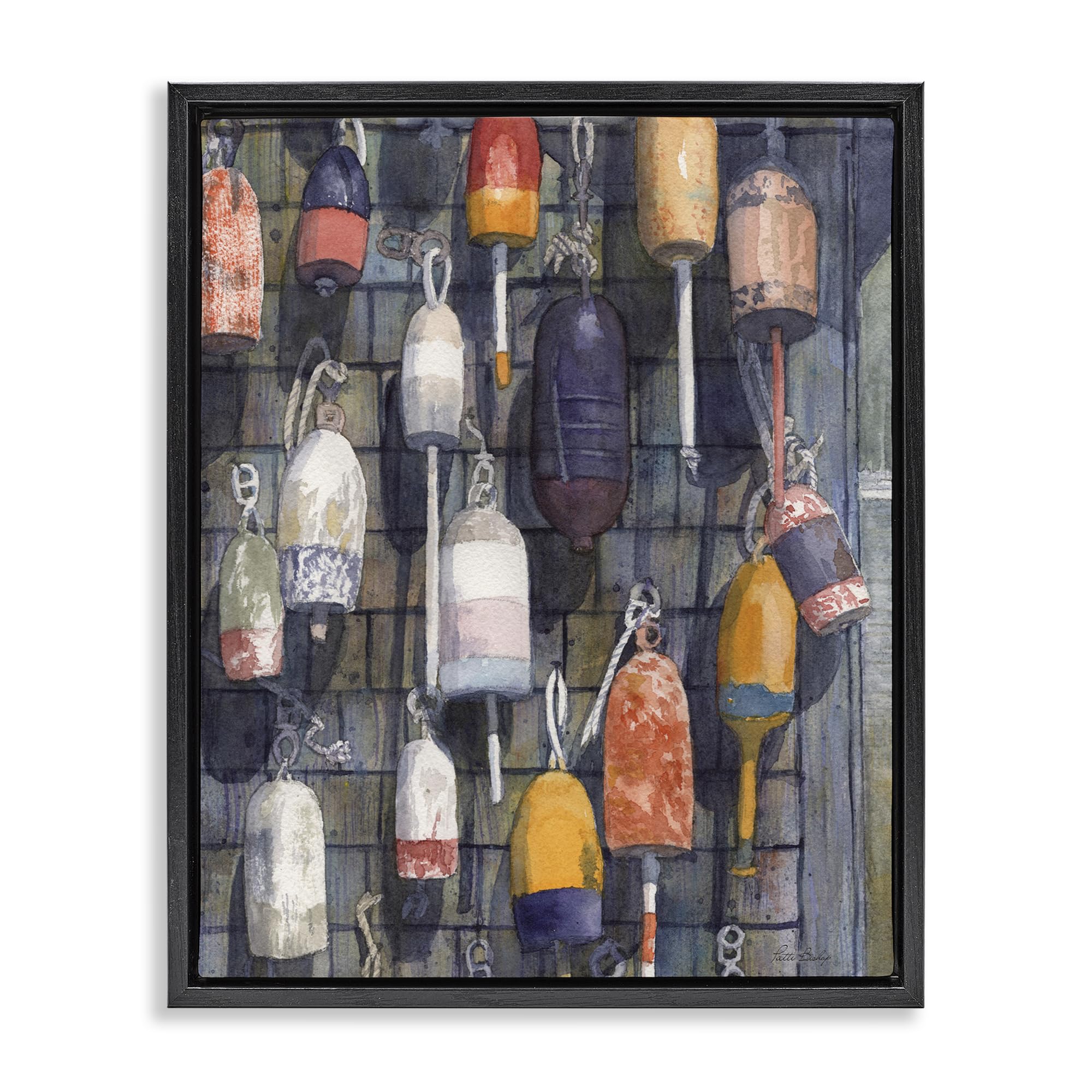 Stupell Industries Jet Black (Matte) 'Watercolor Hanging Buoys'| Floating Frame Canvas Art