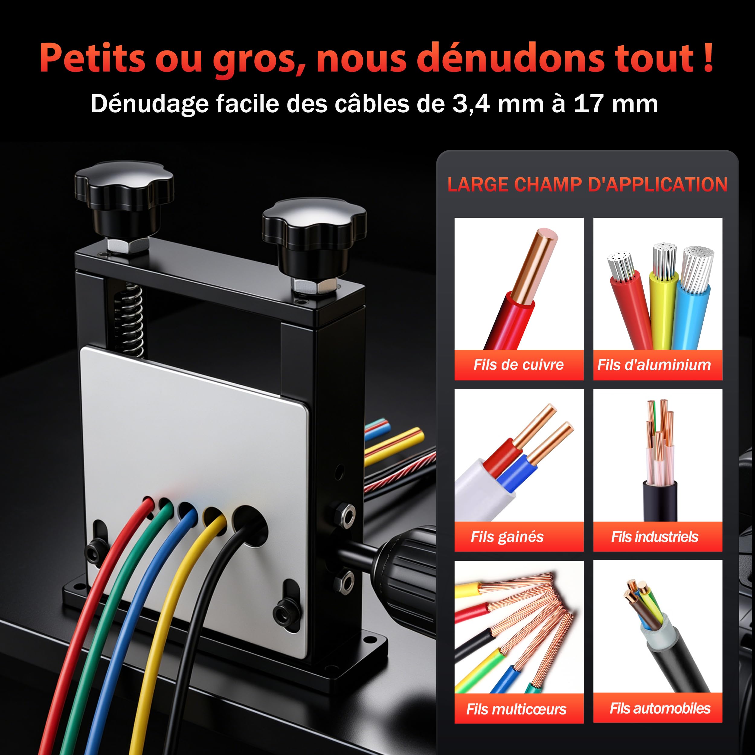 Denudeur Cable Electrique 3–17 mm, Machine a Denuder Le Cuivre avec Manivelle ou Perceuse, Denudeuse Cuivre 6 Canaux 5 Lames, Machine a Denuder pour Recyclage des Fils Electriques (Noir)