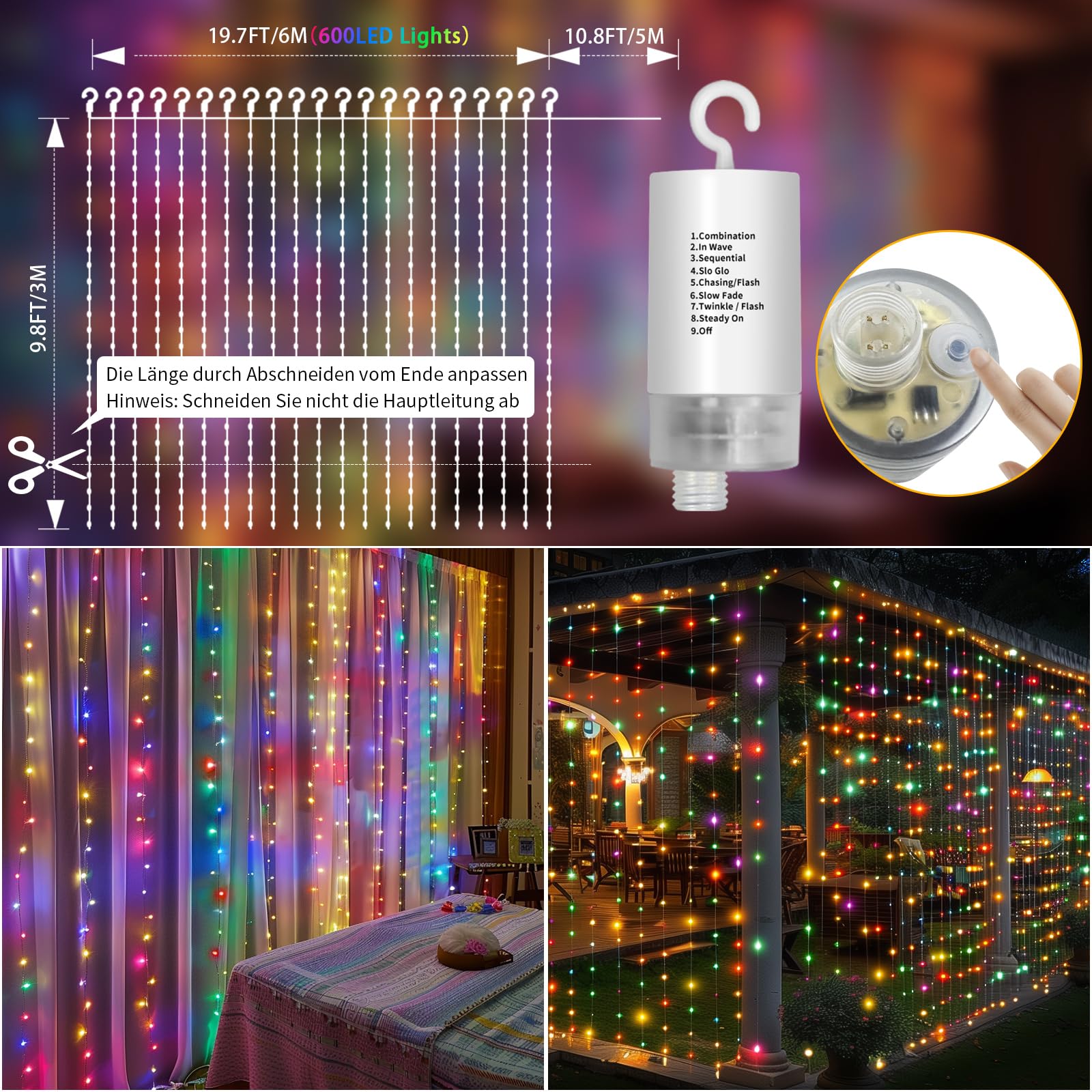GCMacau Tenda Luminosa Esterno 6x3 m, 600LED Tenda Luci Solare Esterno Resistente alle