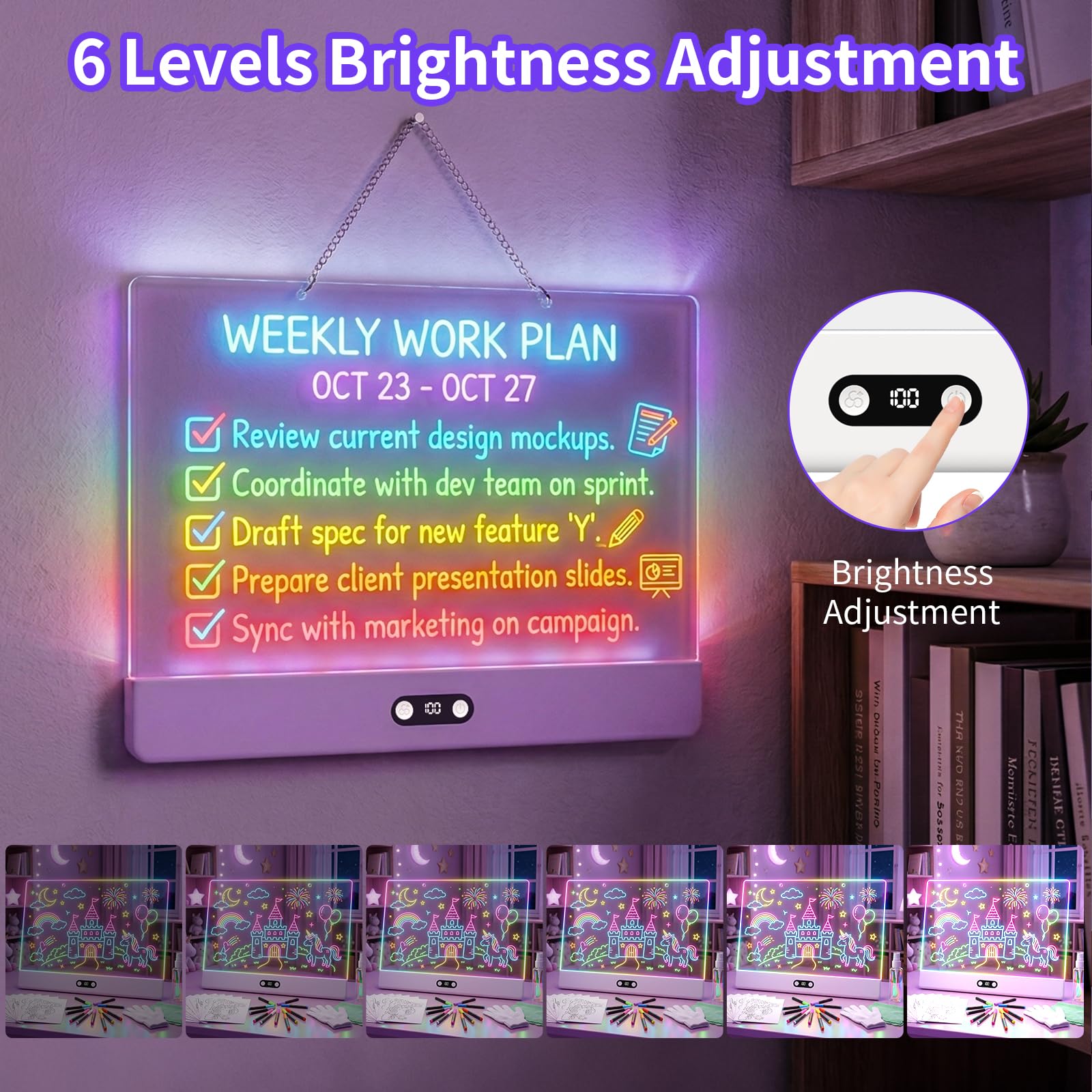 LED-Zeichenbrett für Kinder, 40,6 cm, wiederaufladbar, beleuchteter Zeichenblock mit 1500 mAh Akku, 11 Lichtmodi, Neon-Trockenlöschtafel, LED-Notizblock für Nachrichten, Nachtlicht, Geschenke