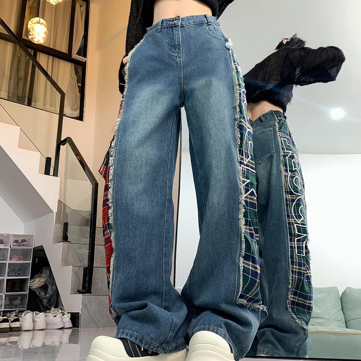 Fashion Vintage Women’s High Waist Straight Leg Denim Pants Casual Y2K Side Plaid Patch Fringe Baggy Jeans - Image 3