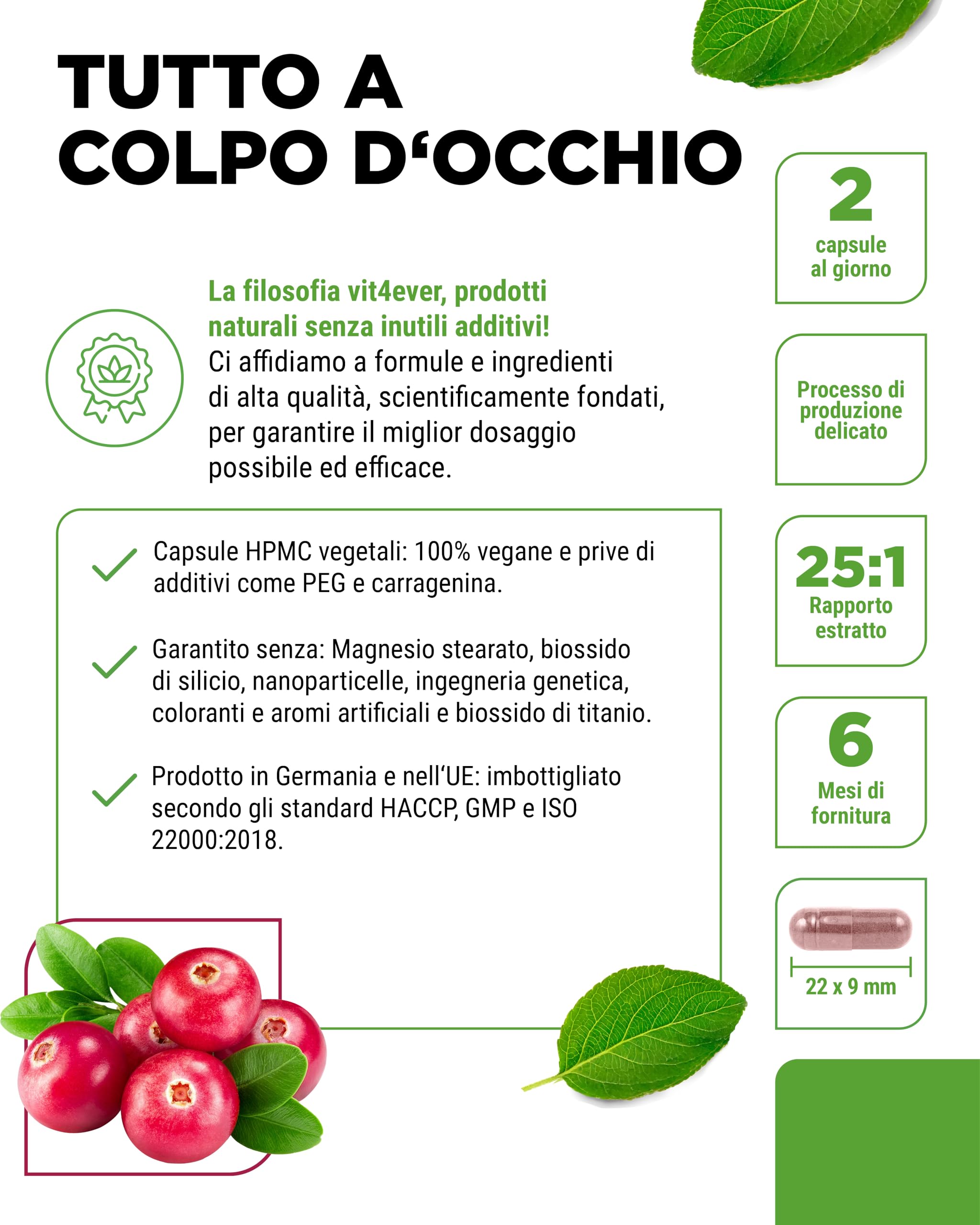 Estratto di mirtillo rosso + Vitamina C – 365 capsule di mirtillo rosso – Estratto 25:1, pari a 25.000 mg – 6% Proantocianidine – Ad alto dosaggio, senza additivi indesiderati, vegano