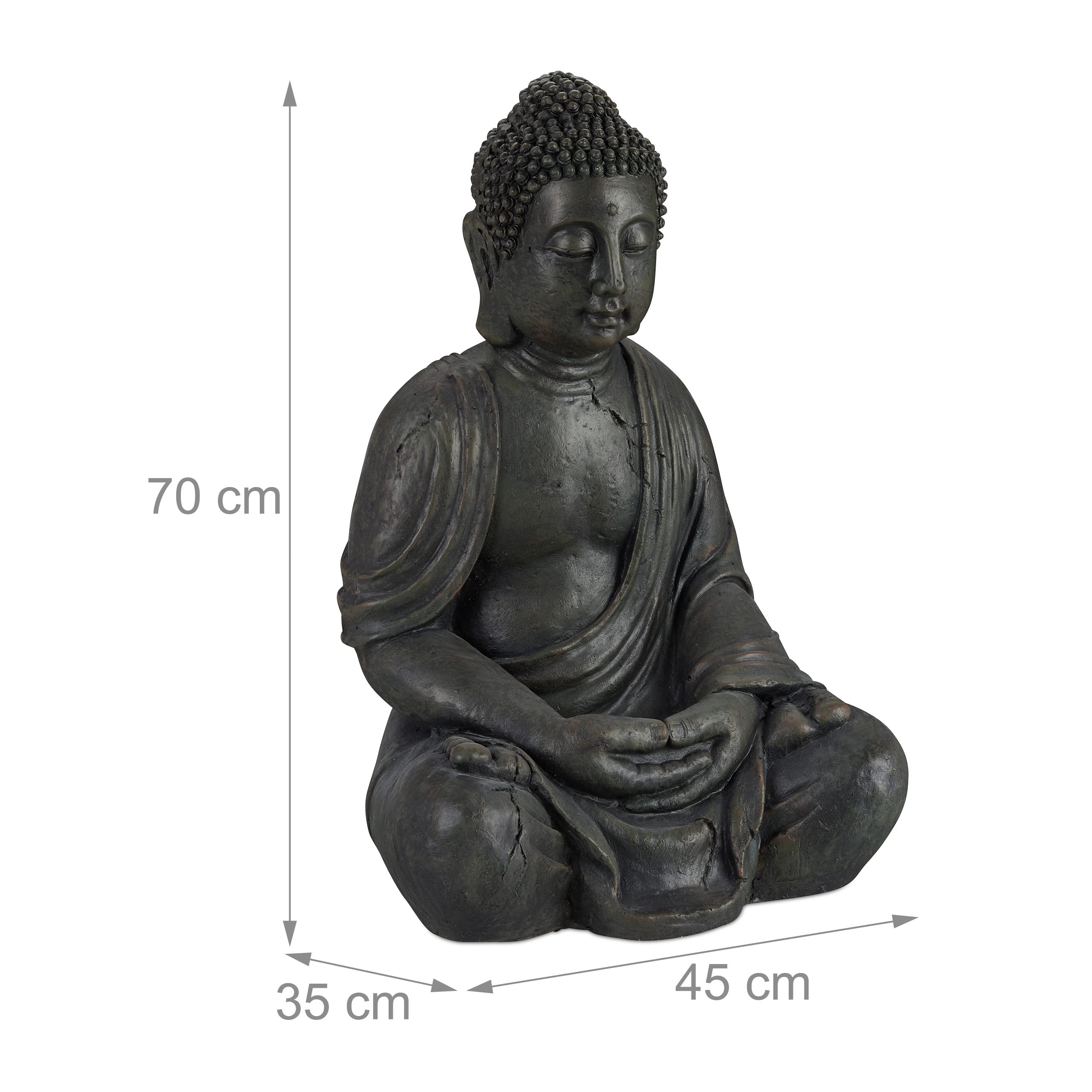 Relaxdays Buddha Figur sitzend, XL 70 cm, Gartenfigur, Dekofigur Wohnzimmer, wetterfest & frostsicher, dunkelgrau