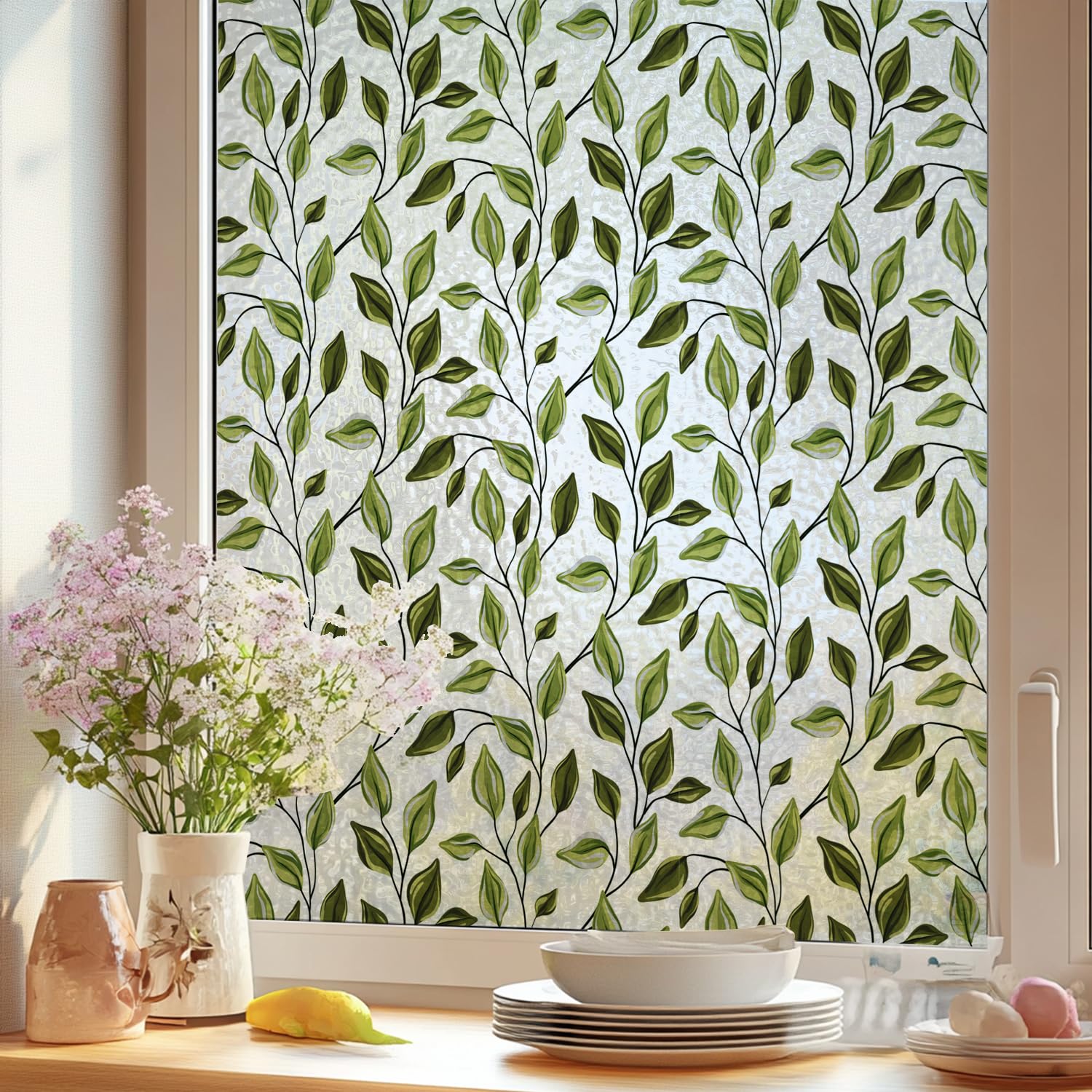Runtoo Window Privacy Film Frosted Leaves Window Clings 3D Bathroom Decorative Vinyl Stained Glass Green Plant Leaf Decals Static Sticker Non-Adhesive Door Cover, 17 x 40 inches