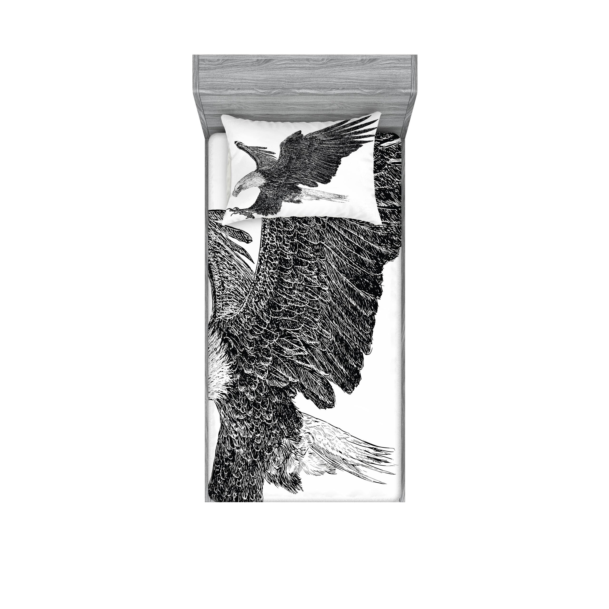 Ambesonne Animal Fitted Sheet & Pillow Sham Set, Bald Eagle Swoop Hand Drawn Sketchy Flying Hunter Wildness Artwork, Decorative Printed 2 Piece Bedding Decor Set, Twinxl, Black Grey