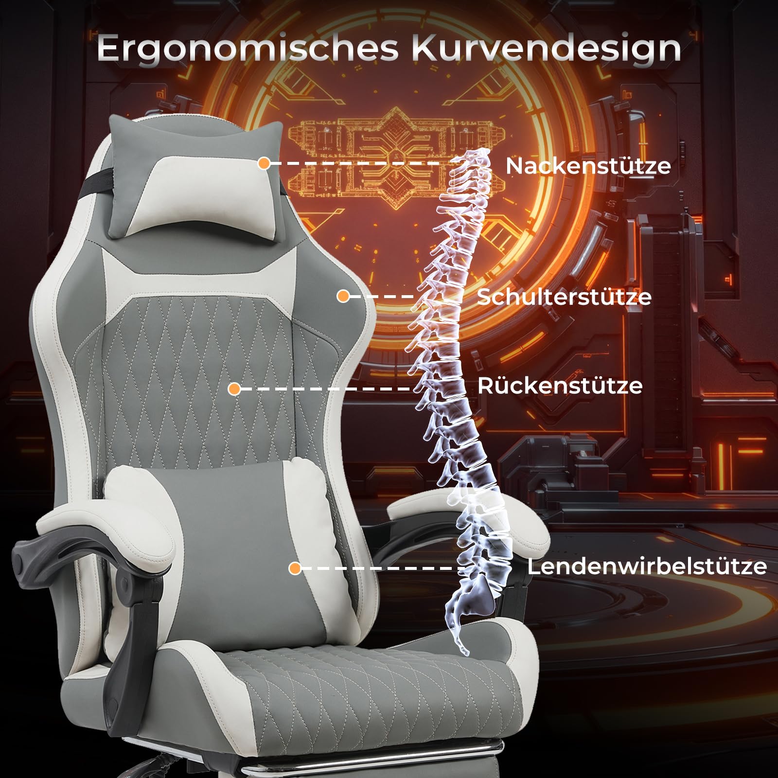 Atenza Ergonomischer Gaming Stuhl mit Fußstütze, Gaming Chair bis 136kg (Dunkelgrau-Weiß)