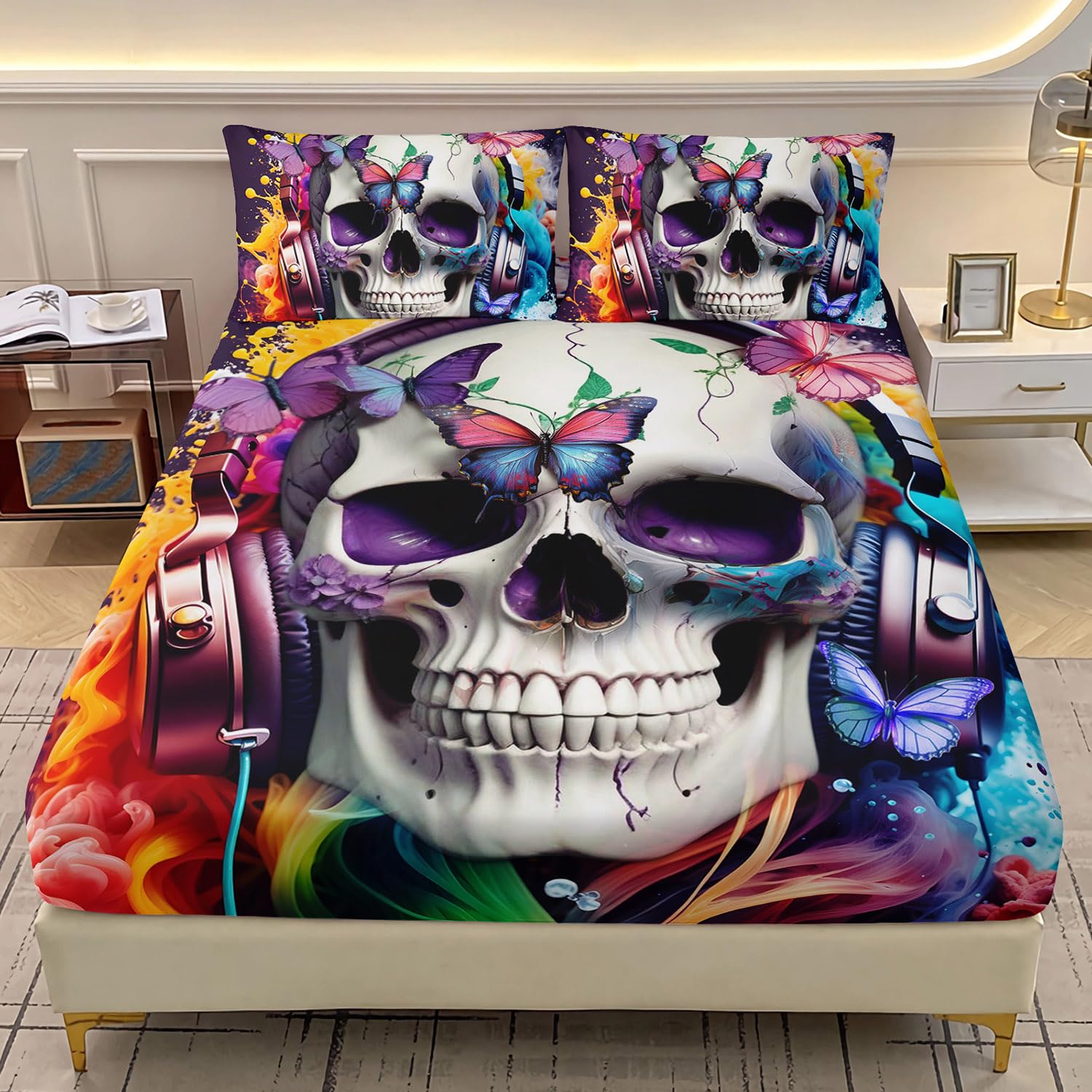 AILONEN Kids Hip Hop Skull Bedding Set Twin XL Size,3Pcs Colorful Smokey Music Butterfly Skull Fitted Sheet with 2 Pillowcases