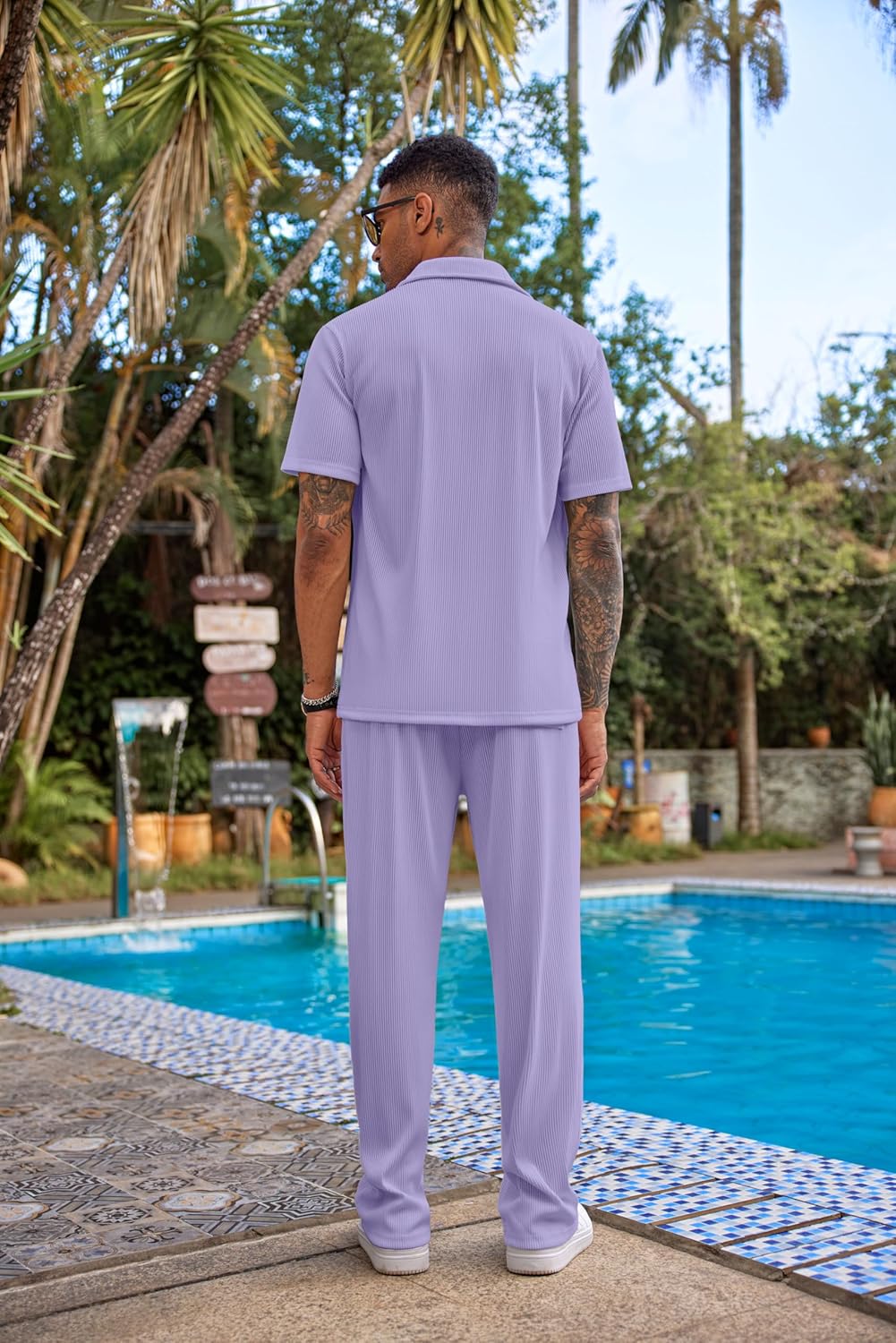 COOFANDY Men's 2 Piece Outfit Casual Short Sleeve Button Down Shirt Beach Summer Loose Pant Sets - Image 3