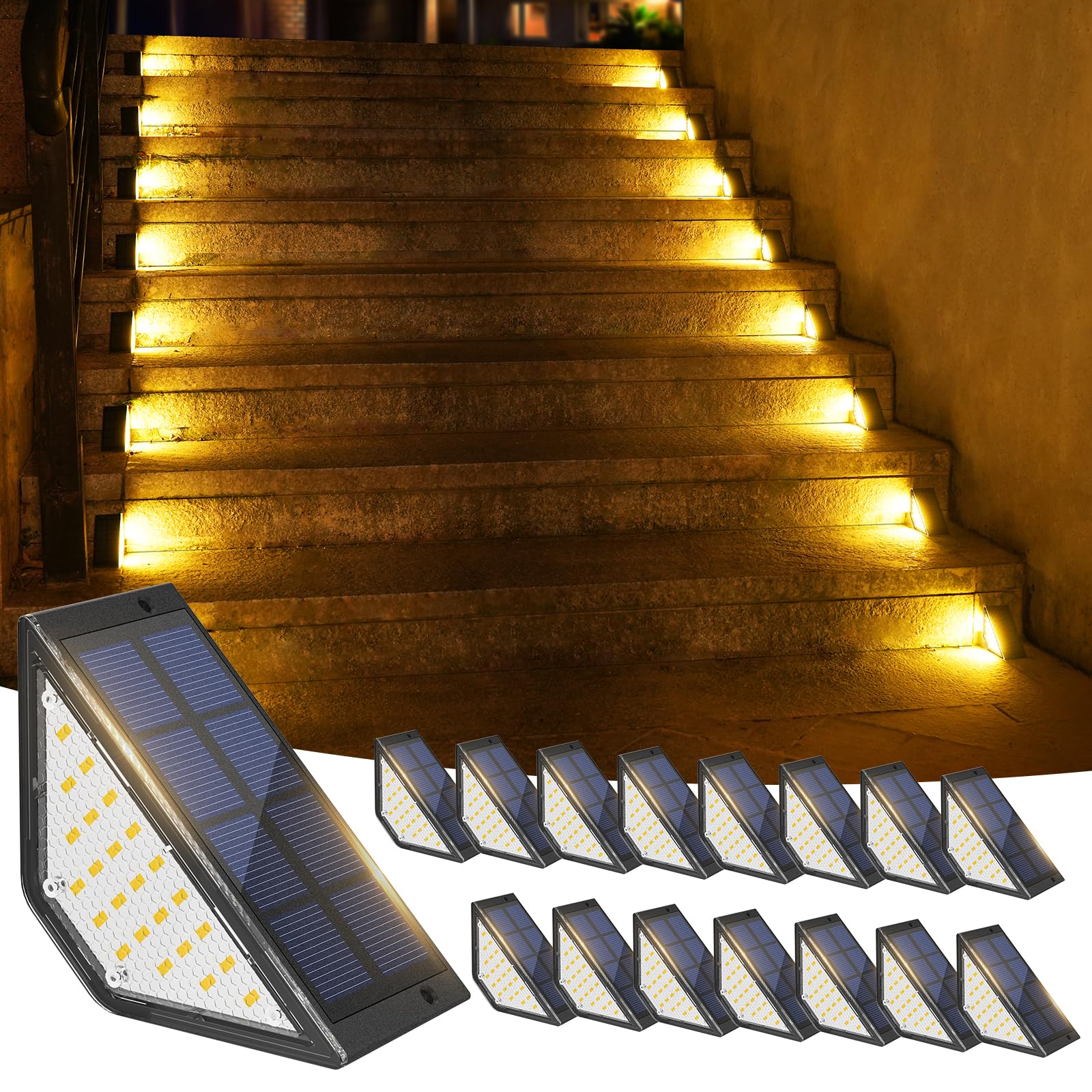 Outdoor Stair Lights 16pack,Solar Step Lights for Outside Waterproof IP65,Outdoor Stair Lights,Step Lights Outdoor Solar Powered,Patio,Deck,Front Step…