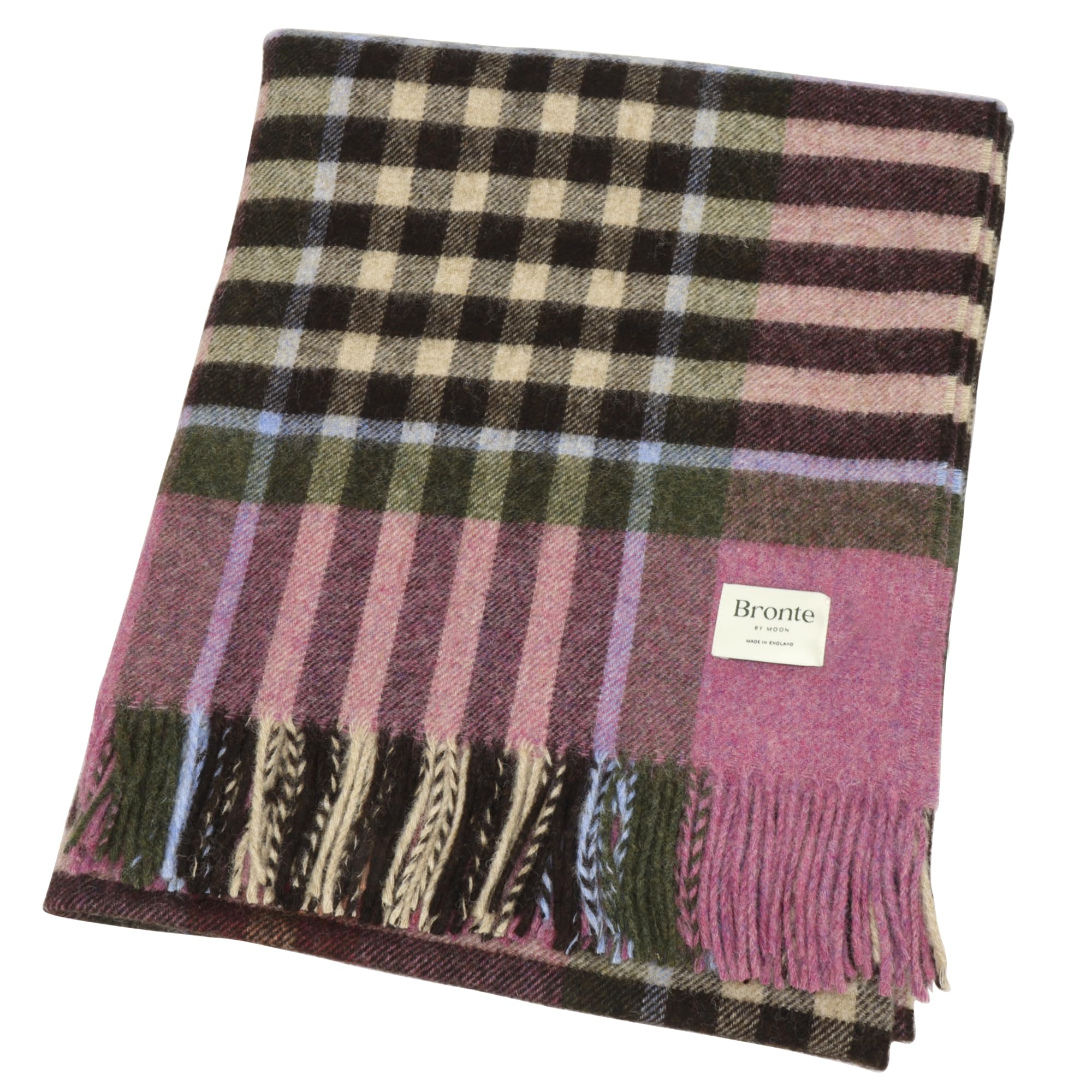 Bronte Chesil Raspberry Check Throw Fringed 100% Pure New Wool Blanket British UK-Made Sofas Armchairs Beds Picnics Warm Gift