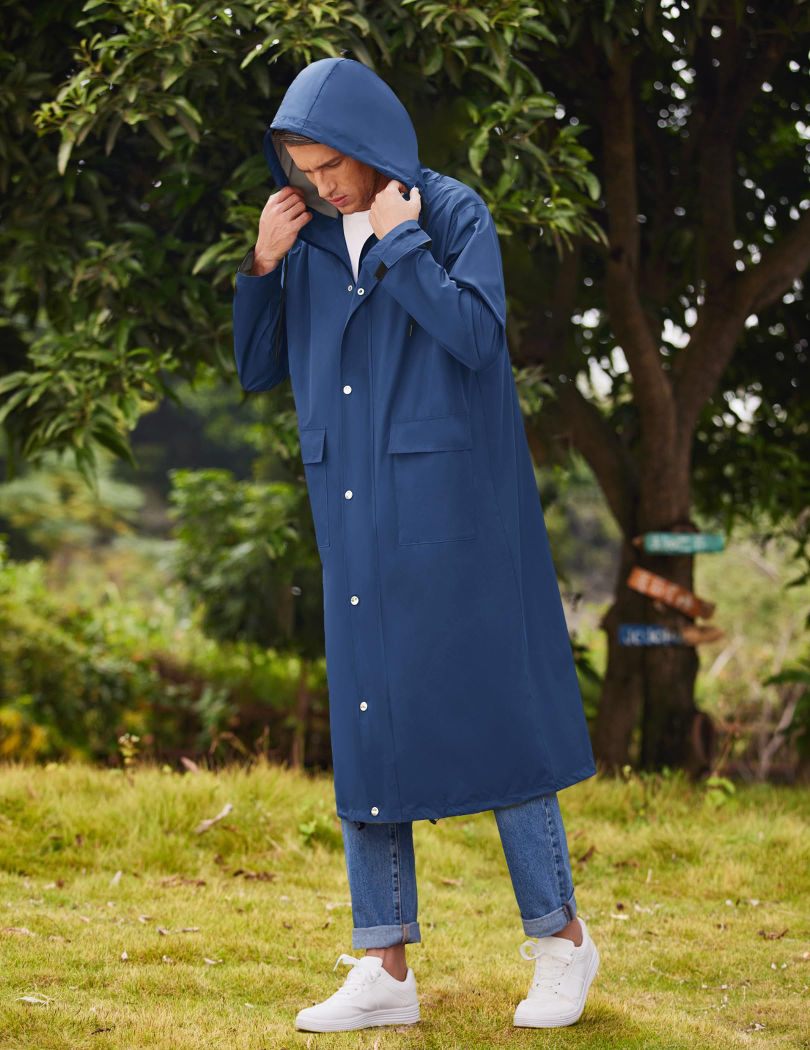 COOFANDY Men's Rain Jacket with Hood Waterproof Lightweight Active Long Raincoat