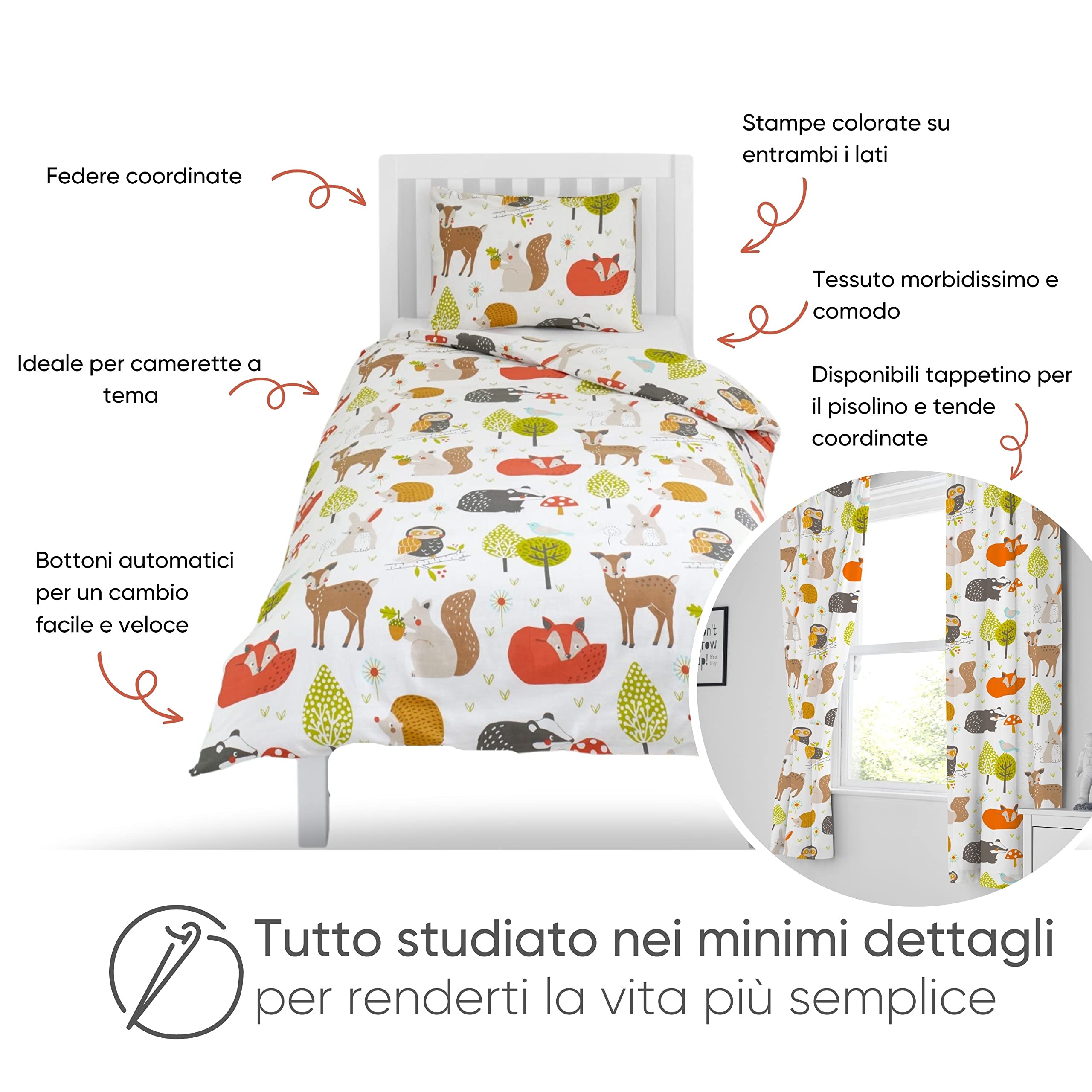 Bloomsbury Mill - Set Copripiumino Singolo Animali del Bosco - Lenzuola Letto Singolo Reversibile Per Ragazzi e Ragazee - Set di biancheria da letto per bambini - 135 x 200 cm e Federe