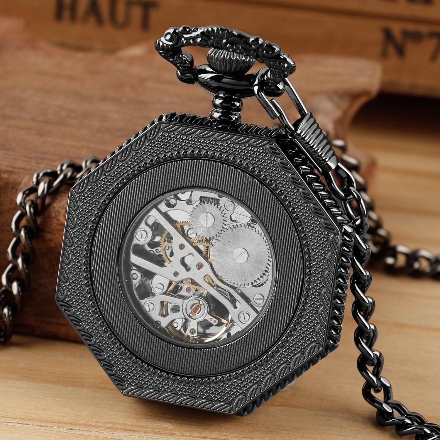 Tiong Reloj de bolsillo mecánico octogonal con diseño de cubierta romana negra, movimiento mecánico para hombre, esfera de números romanos, reloj de bolsillo de apertura única, PWM26, Moda