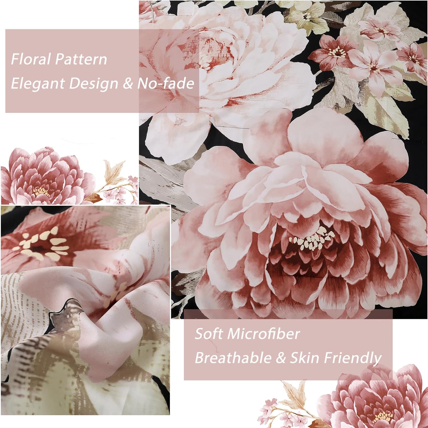 Floral Comforter Set Queen Size 7 Pieces Bed in a Bag, Pink Black Floral Bedding Sets Elegant Flower Bed Set Lightweight Comforter for All Season with Flat Sheet, Fitted Sheet, Pillowcases & Shams - Image 4
