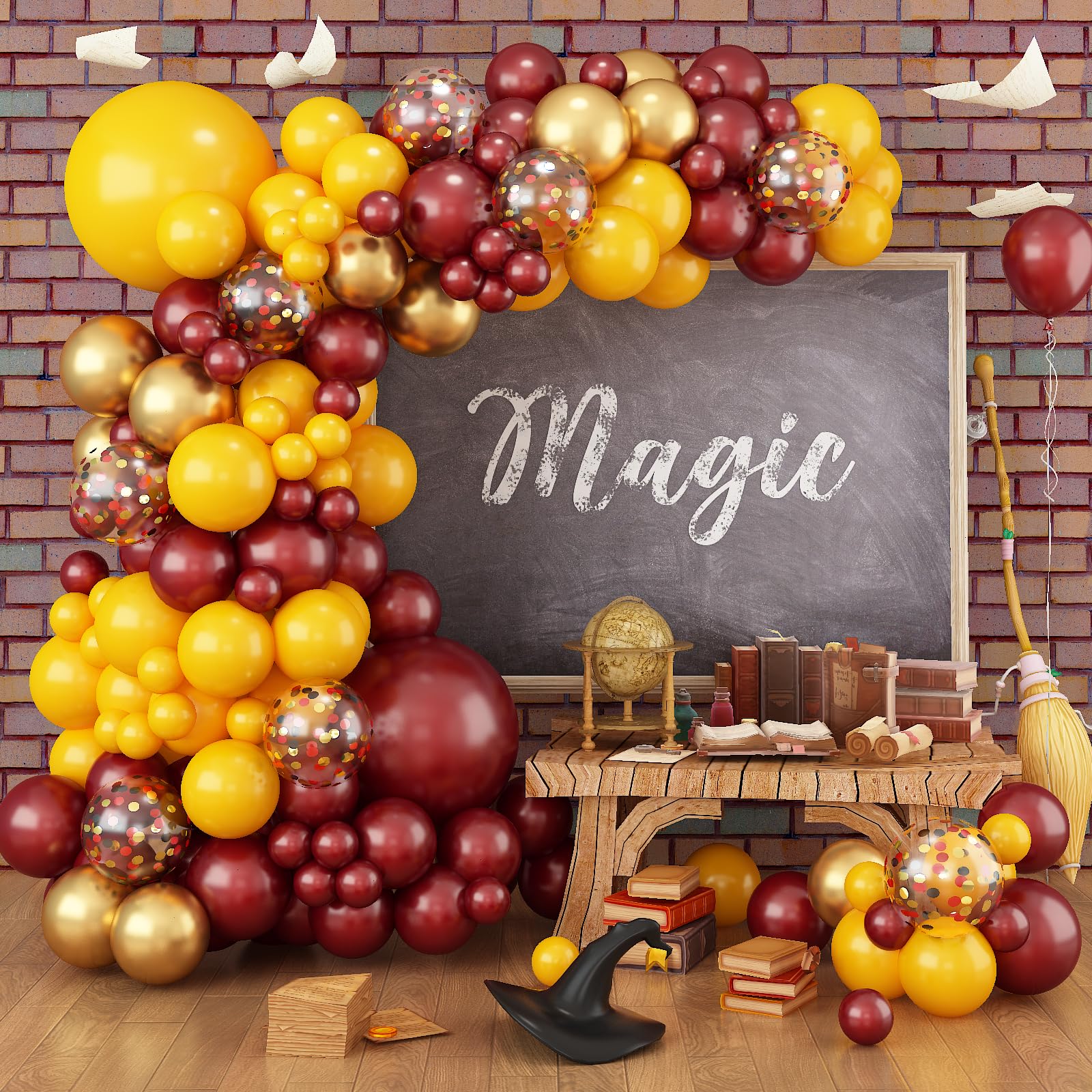 Magic Wizard School Party Decorations, Burgundy Yellow Gold Confetti Harry Magic Fall Balloon Garland Kit, Dark Wine Red Maroon Yellow Potter Balloon Arch for Kid Autumn Birthday Theme Party Supplies