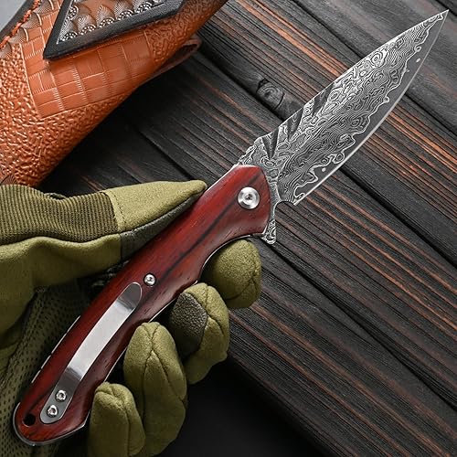 Miniatura 6 de Sitivien ST248 Cuchillo plegable de Damasco, hoja de núcleo VG10 Damasco y mango Dalbergia EDC cuchillo con bloqueo de forro para supervivencia al