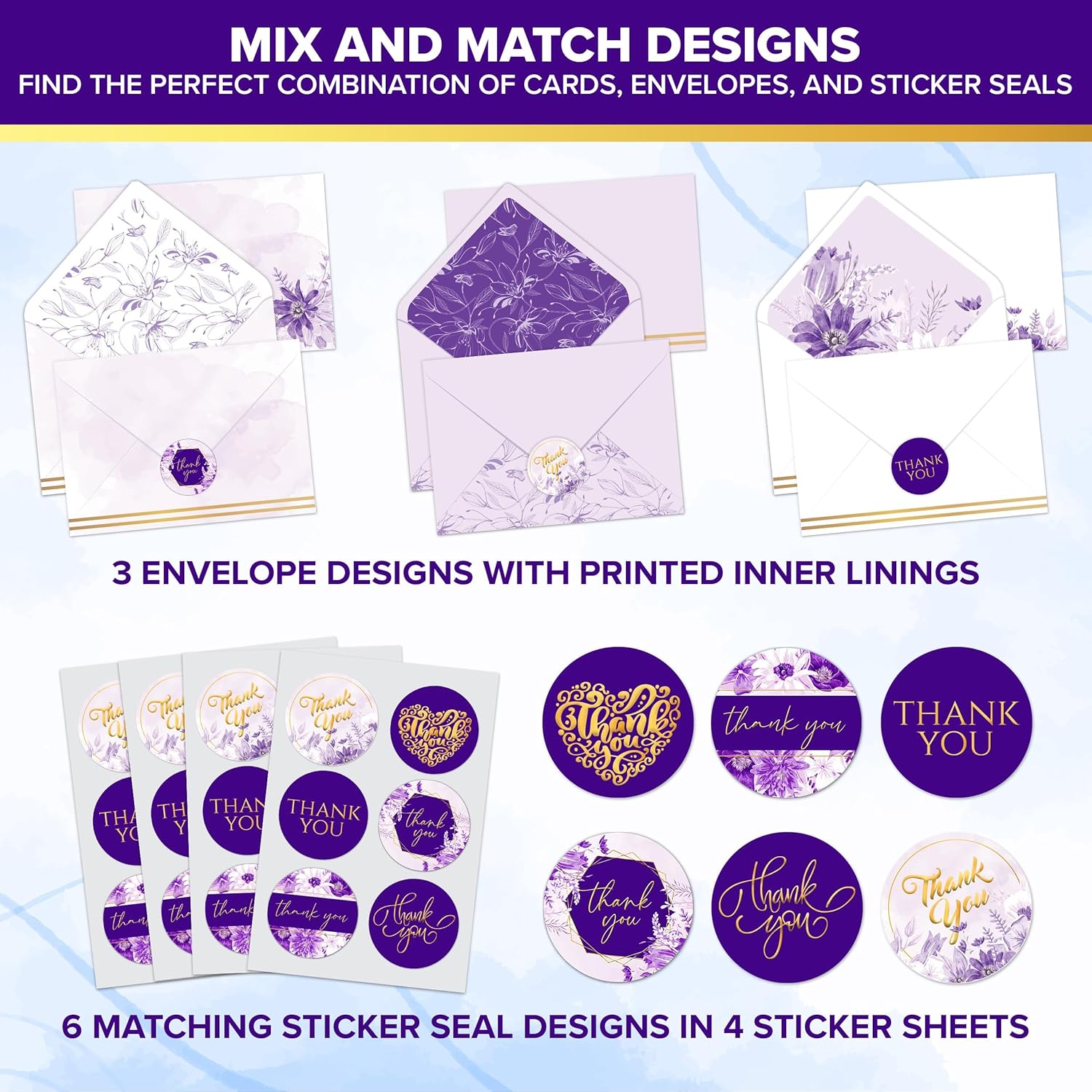 Decorably 24 Pack Gold Foil 6x4in Purple Thank You Cards with Envelopes and Stickers, 6 Elegant Designs for Friends, Family, Loved Ones, Blank Inside - All Occasions, Wedding, Gifting, Mailing - Image 5