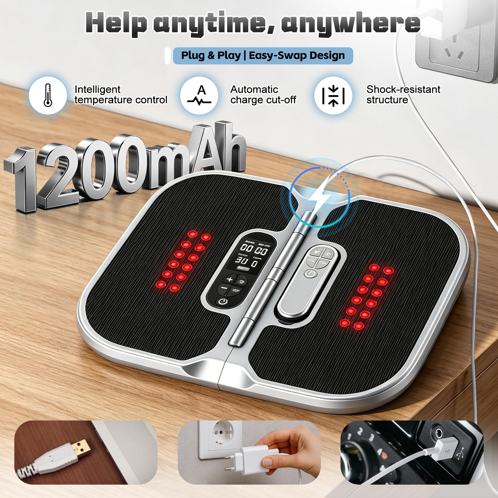 Medic Stymulator krążenia krwi z terapią czerwonym światłem (650 nm i 850 nm) – urządzenie do masażu stóp EMS z TENS – łagodzi neuropatię, bóle nóg i kolan, poprawia krążenie krwi stóp, elektryczny i
