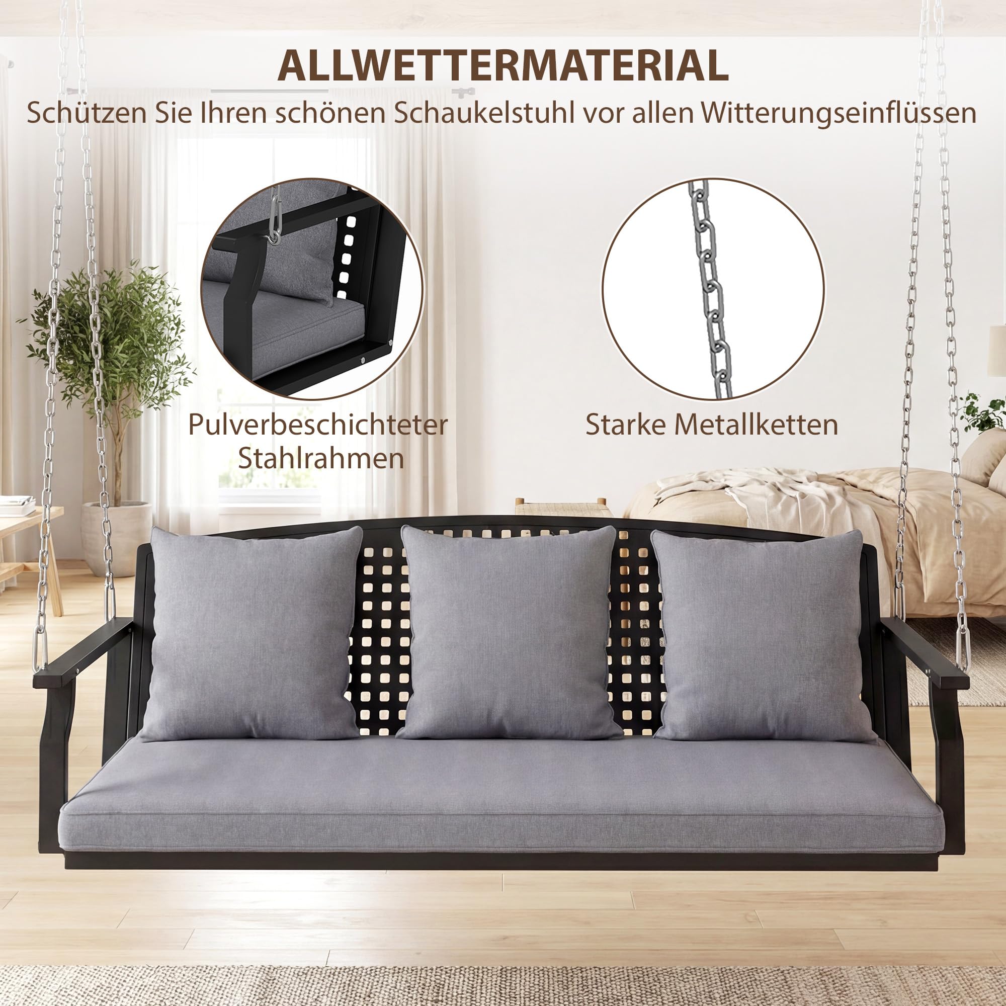 Outsunny Hängebank, 3-Sitzer Schaukelbank mit 3 Rückenkissen, Gartenschaukel aus Stahl zum Aufhängen, bis 360 kg Belastbar, für Balkon, Terrasse, Grau, 154 x 66 x 51 cm