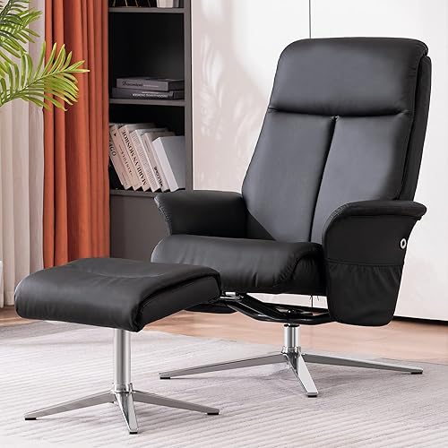 Miniatura 2 de MCombo Sillón reclinable giratorio con otomana, moderna base de aluminio resistente, silla de salón de piel sintética para espacios pequeños, sala