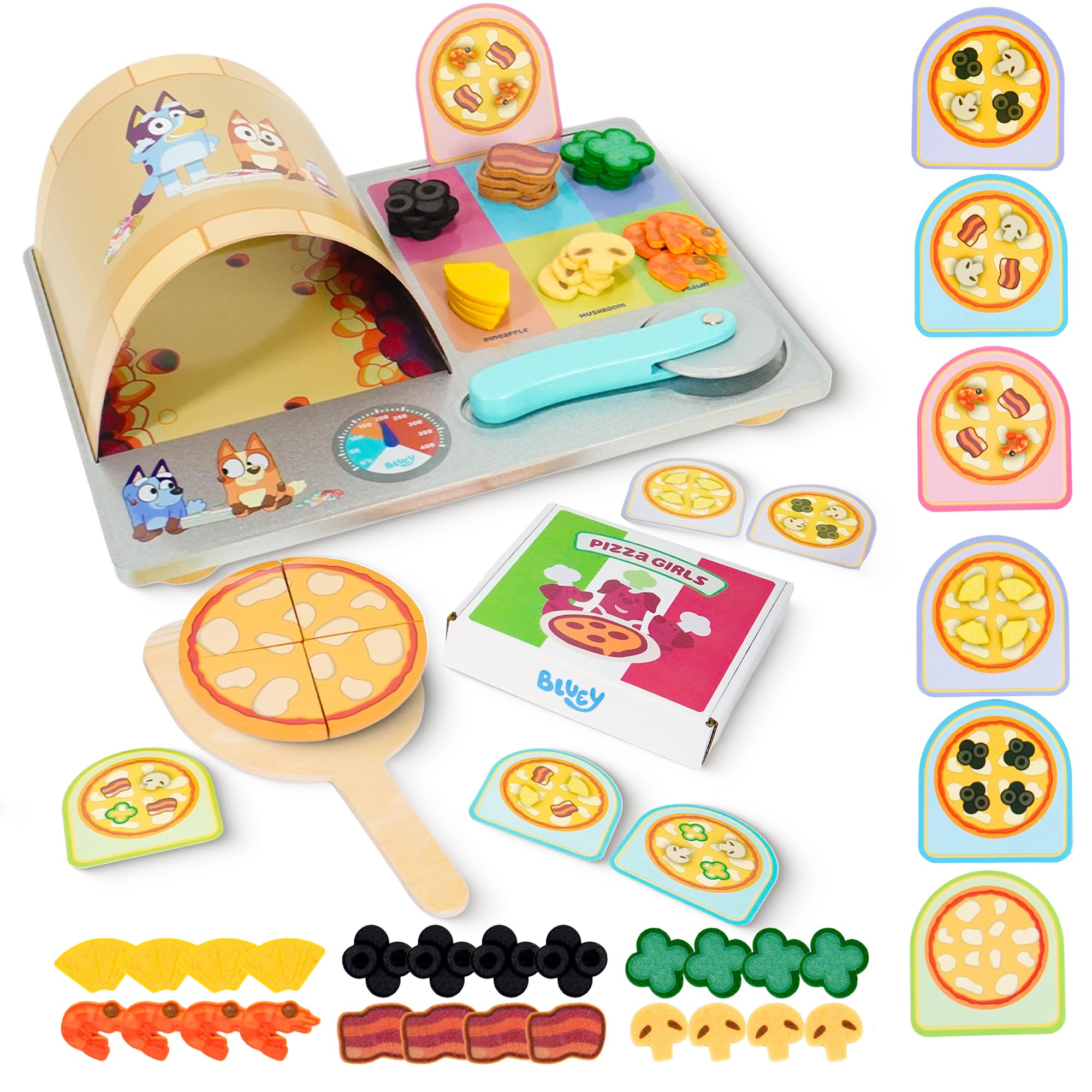 Bluey Pizza Girls Set – 36 Pieces Pretend Play Food Set, Wooden Playset with Oven, Pizza Slices, Box, Cutter, Paddle, Order Cards, and Toppings, Role Play Set for Girls