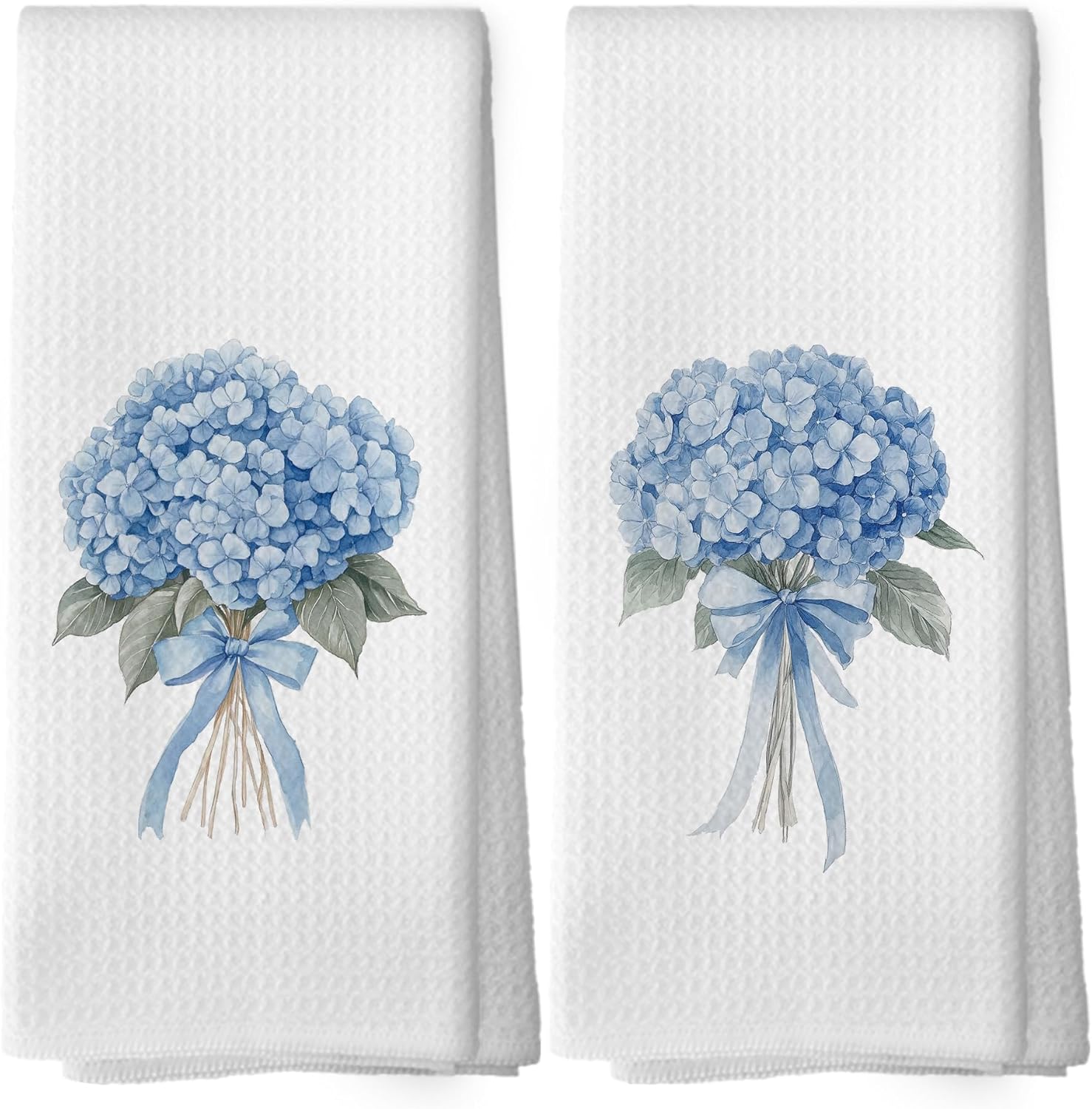 Coquette Bow Hydrangea Kitchen Dish Towels Set of 2, Blue Spring Flower Green Leaves Gifts for Girls Women, Preppy Bouquet Floral Hand Towels Kitchen Bathroom Tea Towels Decorations, 16x24inch