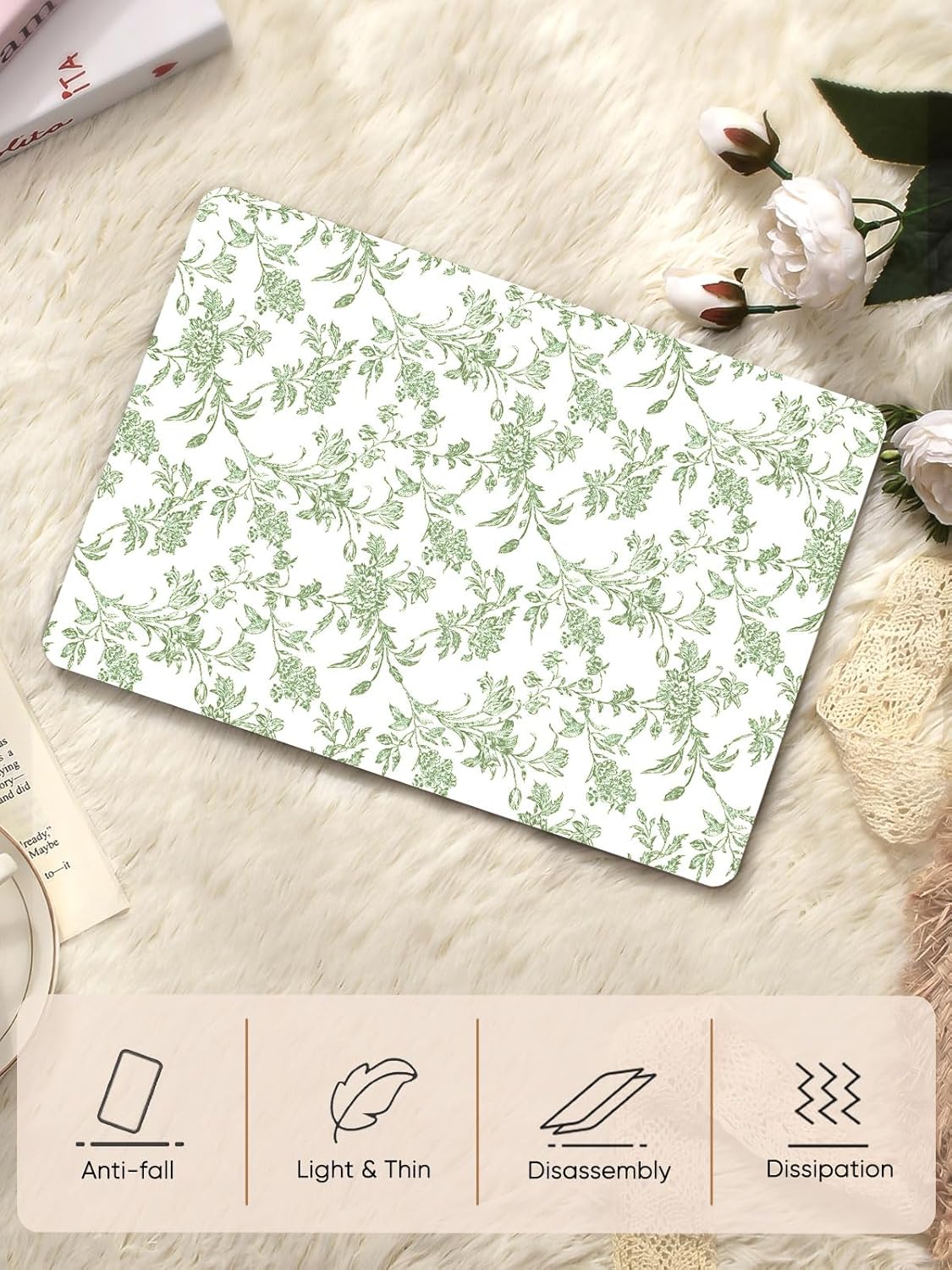 Seorsok Compatible with MacBook Air 13 Inch Case 2022 2021 2020-2018 Release A1932 A2179 M1 A2337 Touch ID,Elegant Sage Green Flower Plastic Hard Shell Case with Keyboard Cover,Blooming Floral - Image 2