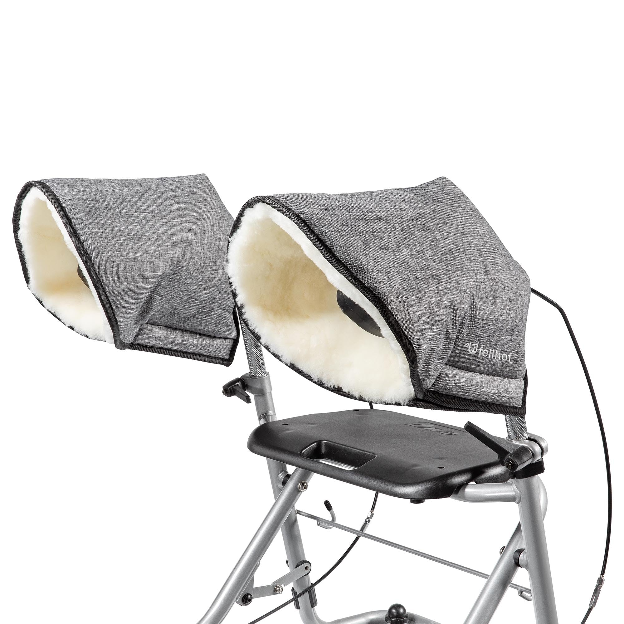 Rollator Handwärmer/Handschuhe mit Lammfell von Fellhof®, 100% Merino-Lammfell, OEKO-TEX® zertifiziert, waschbar bei 30 °C (Black-melange, Uni)