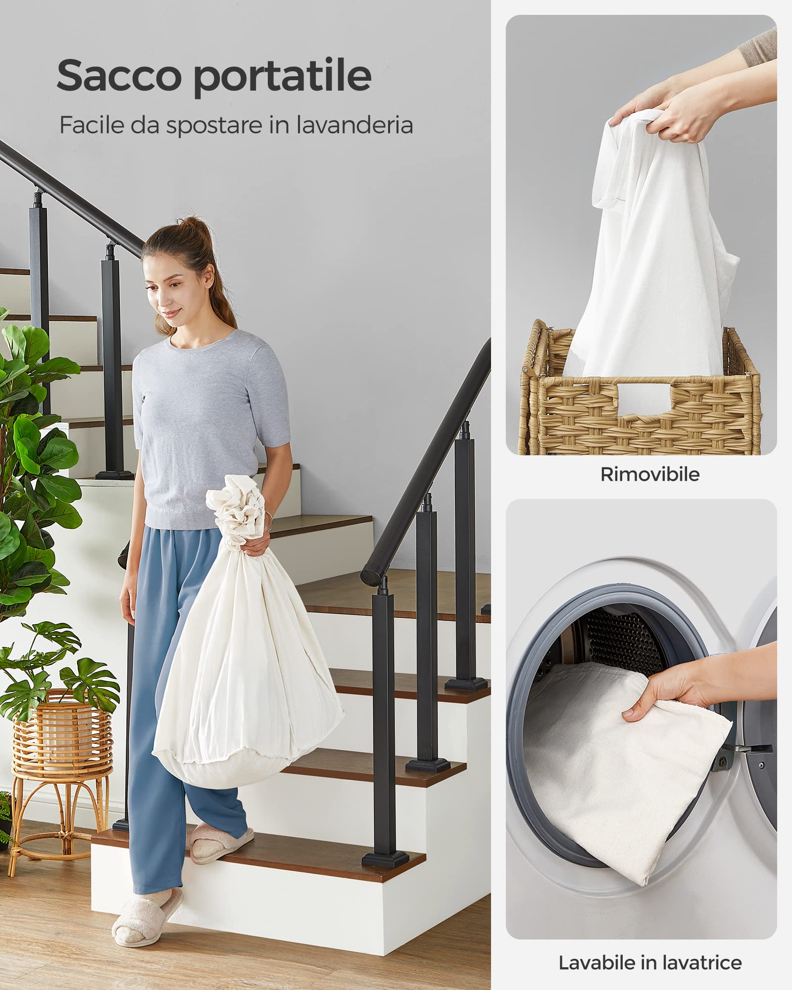 SONGMICS Cesto Portabiancheria con Coperchio, 140L, Cesta Biancheria in Rattan Sintetico con Ruote, 3 Scomparti, Sacco Rimovibile, Lavanderia Camera da Letto, 66 x 33 x 66 cm, Naturale LCB363N01