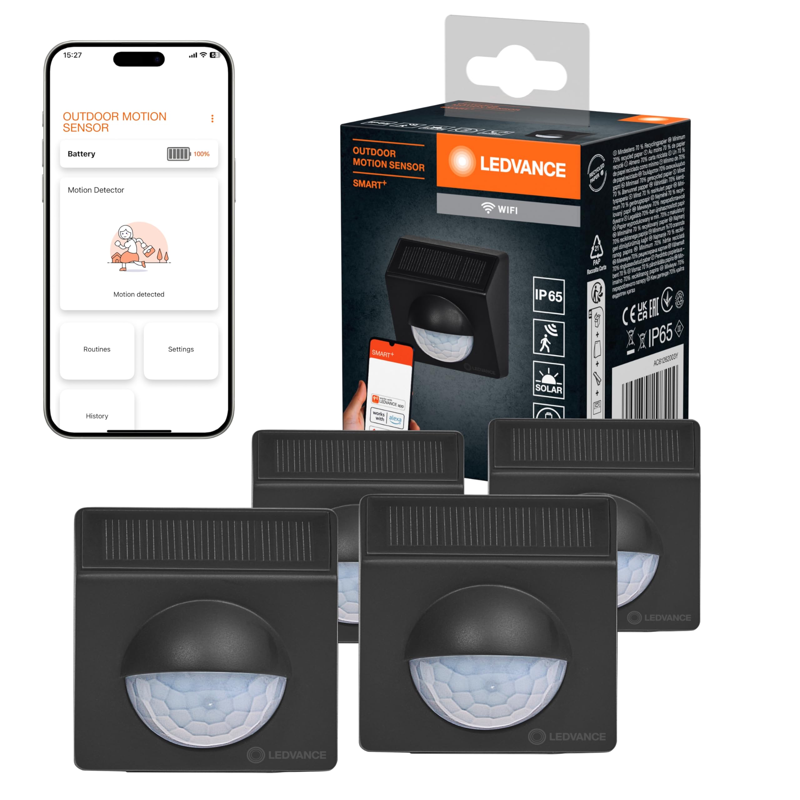 LEDVANCE SMART+ Sensor exterior para detección de movimiento con tecnología WiFi y célula solar, paquete de 4